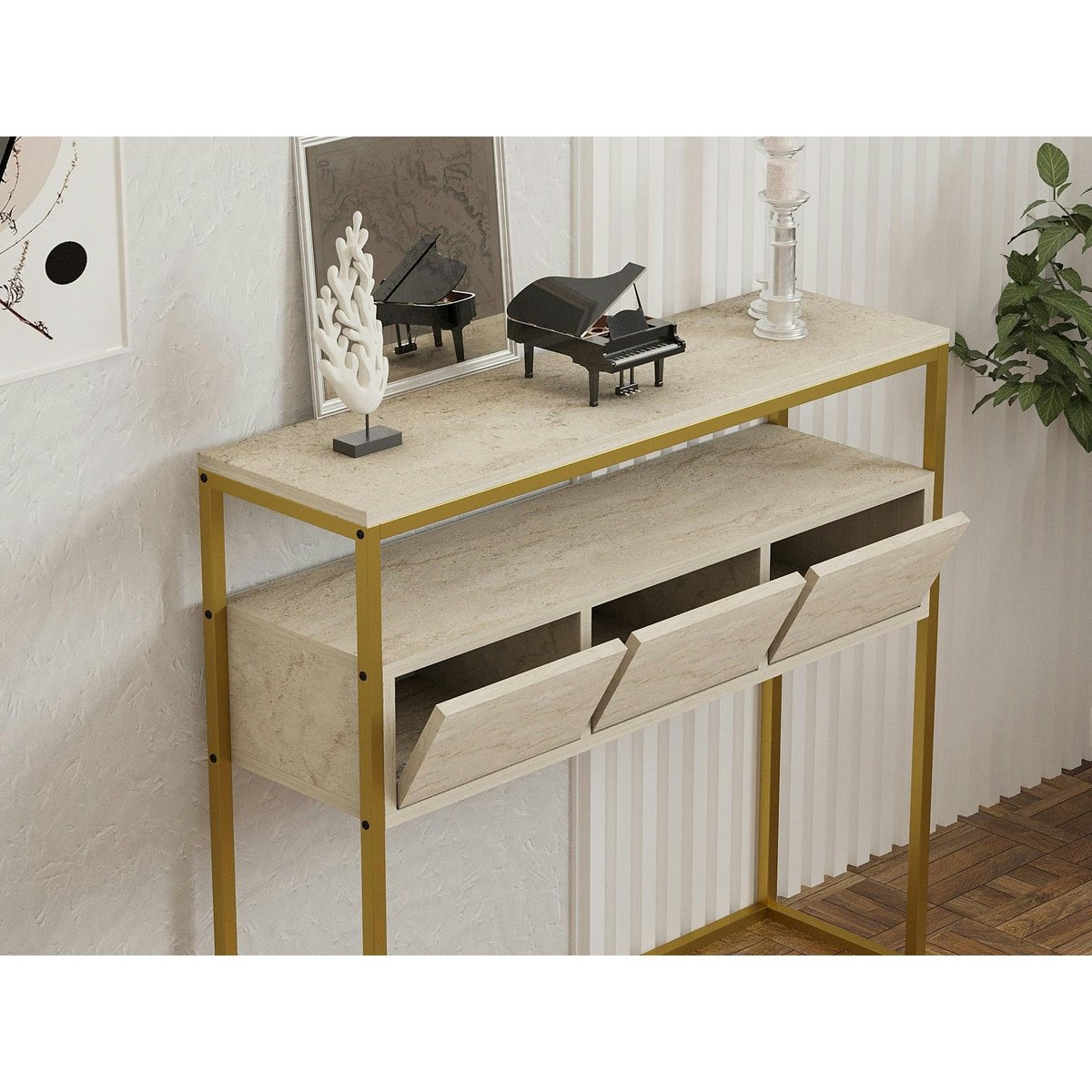 Console d'entrée 3 rangements JENA marbre beige, PIER IMPORT