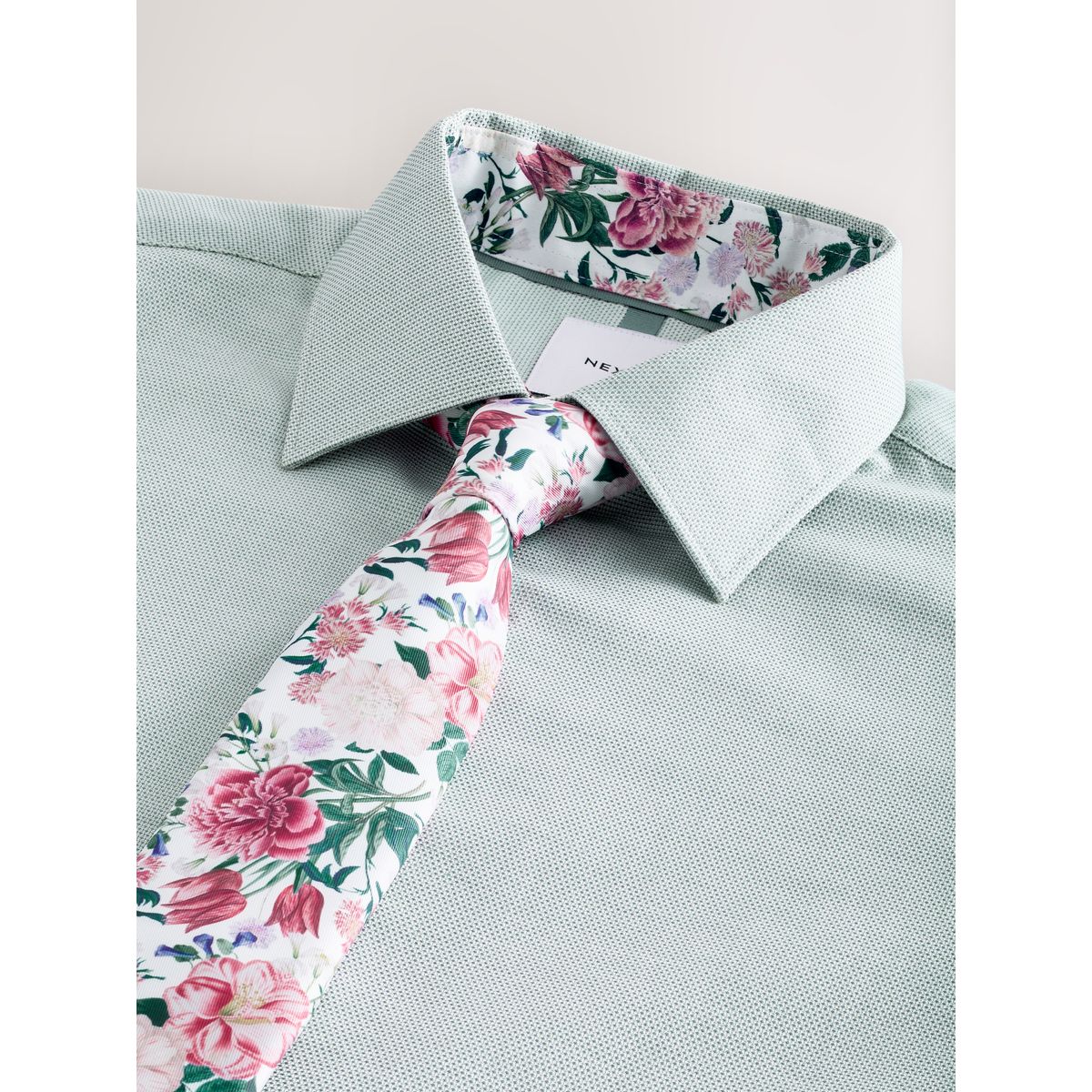 Chemise coton, cravate et pochette vert d'eau/rose floral, NEXT