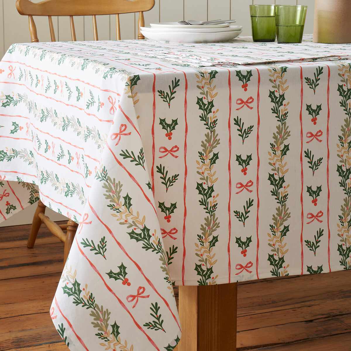Holly Stripe Christmas Cotton Table Cloth multi-coloured, CATHERINE LANSFIELD