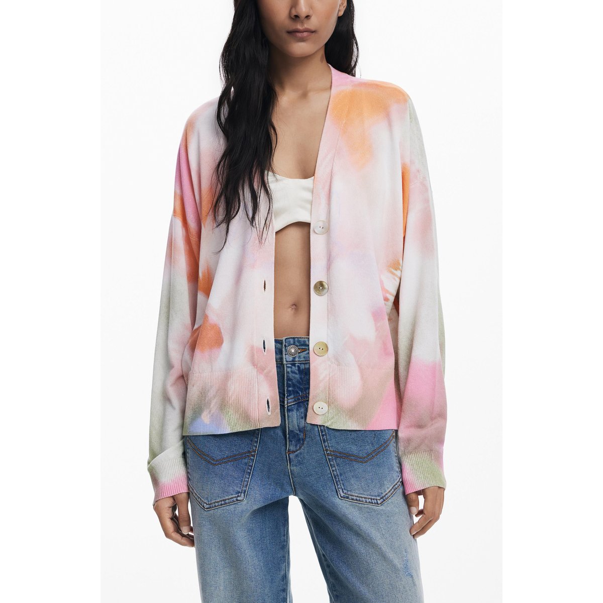 Cardigan à fleurs tie-dye beige, DESIGUAL