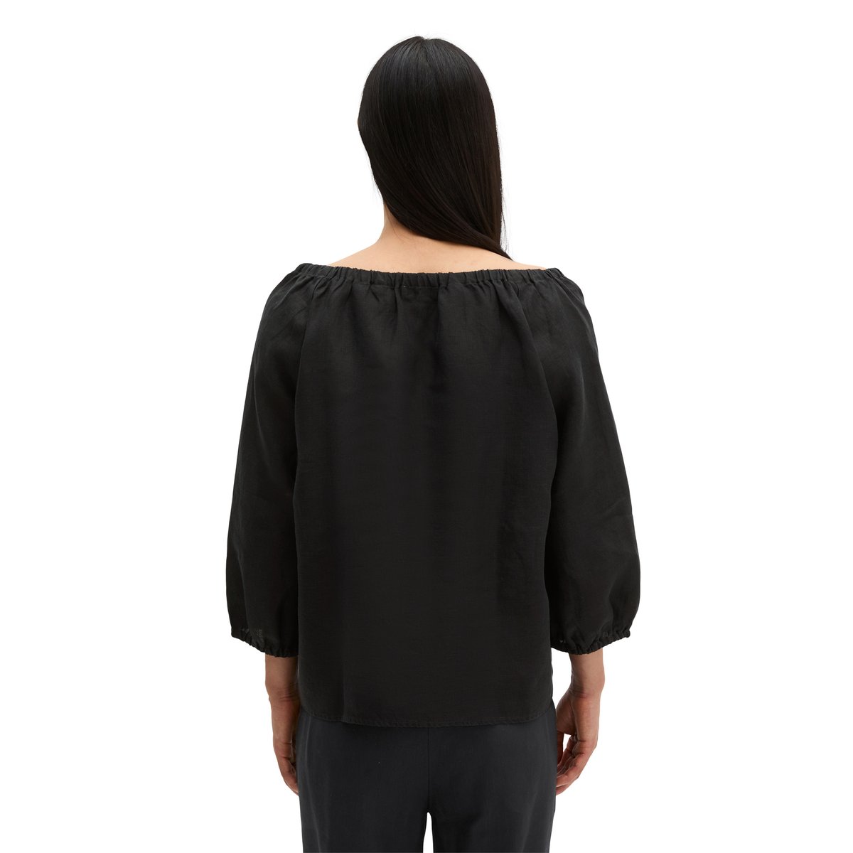 Blouse à col en lin regular avec encolure élastique noir, MARC O'POLO