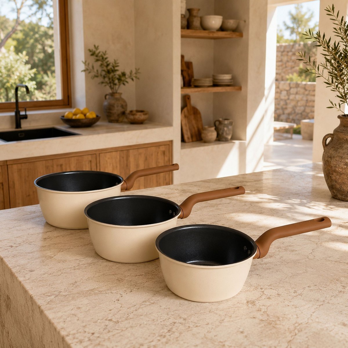 Lot de 3 casseroles 16/18/20 cm en acier carbone, PRATICOOK beige, MENASTYL