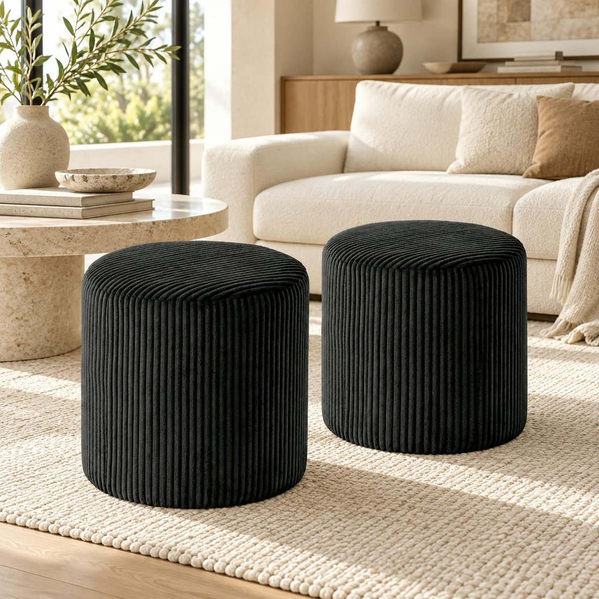 Pouf rond velours côtelé noir (lot de 2) MALMOE noir, PIER IMPORT