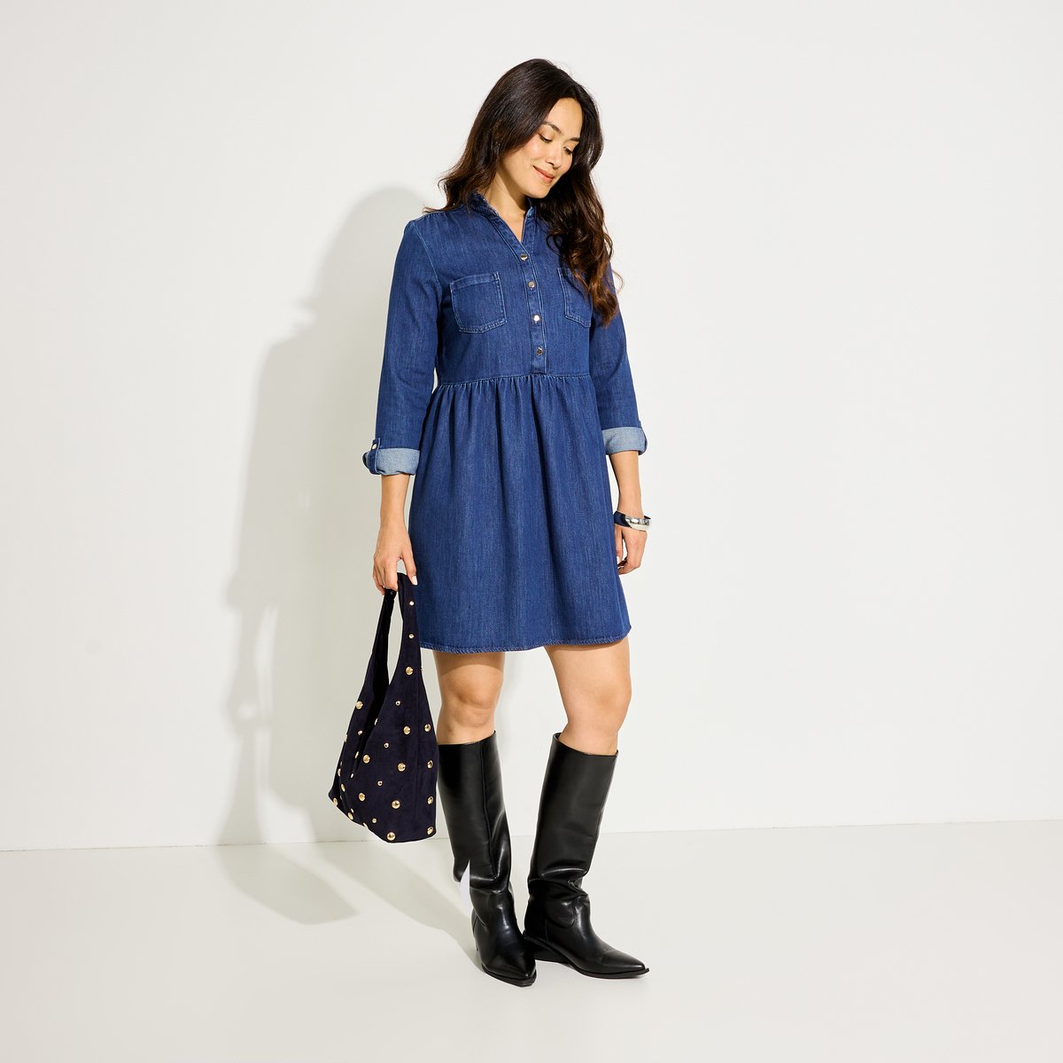 Robe courte fluide évasée en jean bleu dark stone, GRAIN DE MALICE