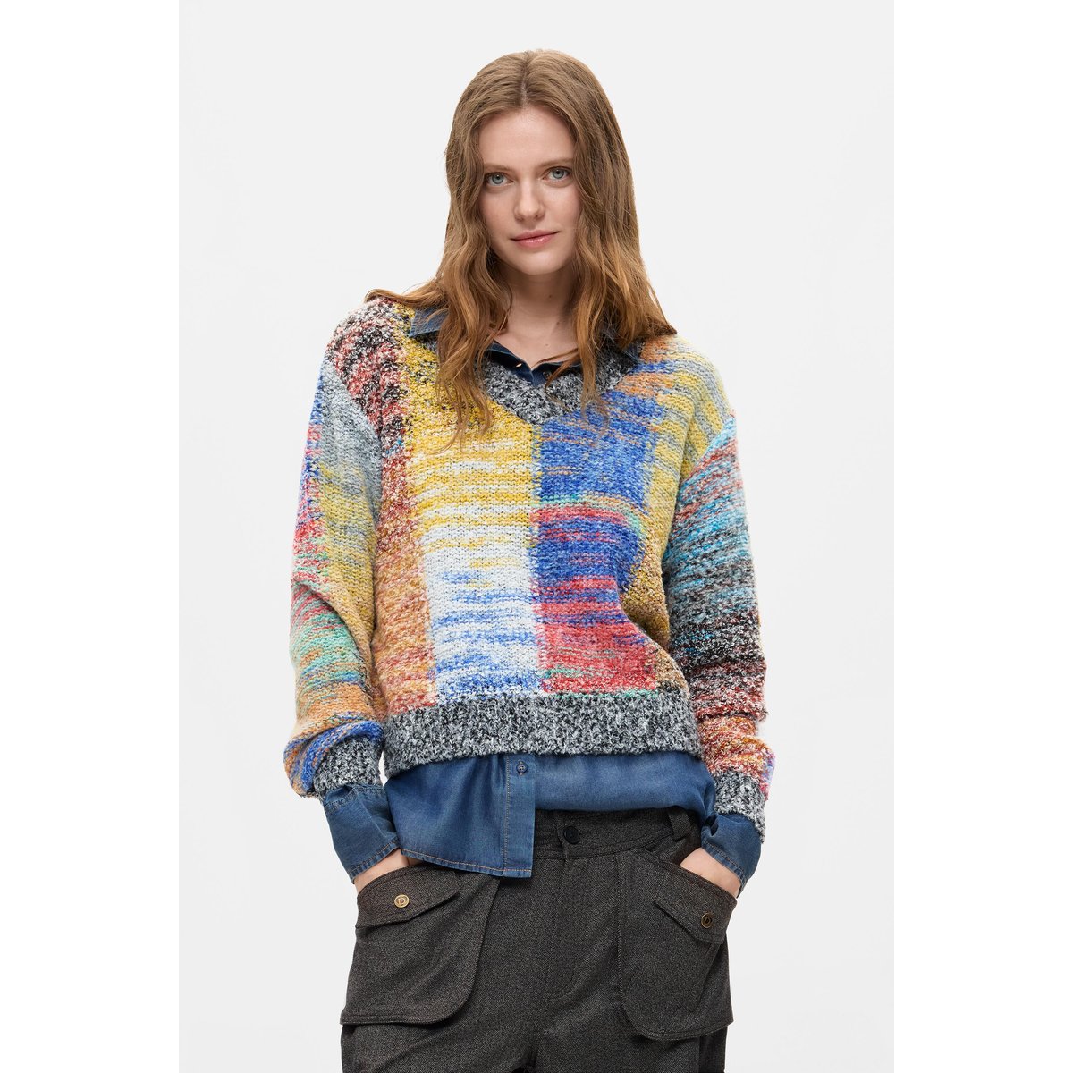 Pull court en grosse maille rouge, DESIGUAL