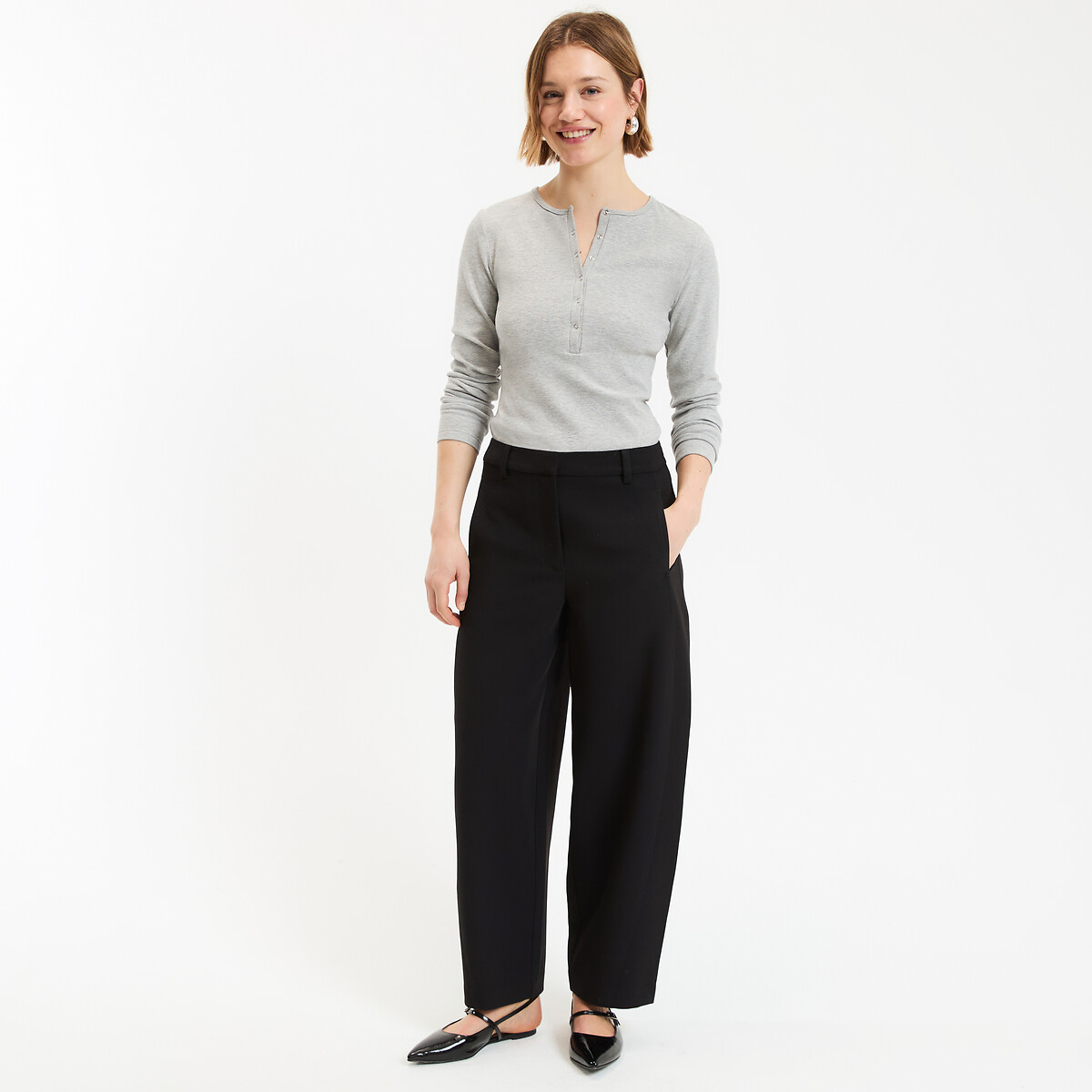 Grandad Collar T-Shirt with Long Sleeves grey marl, LA REDOUTE COLLECTIONS