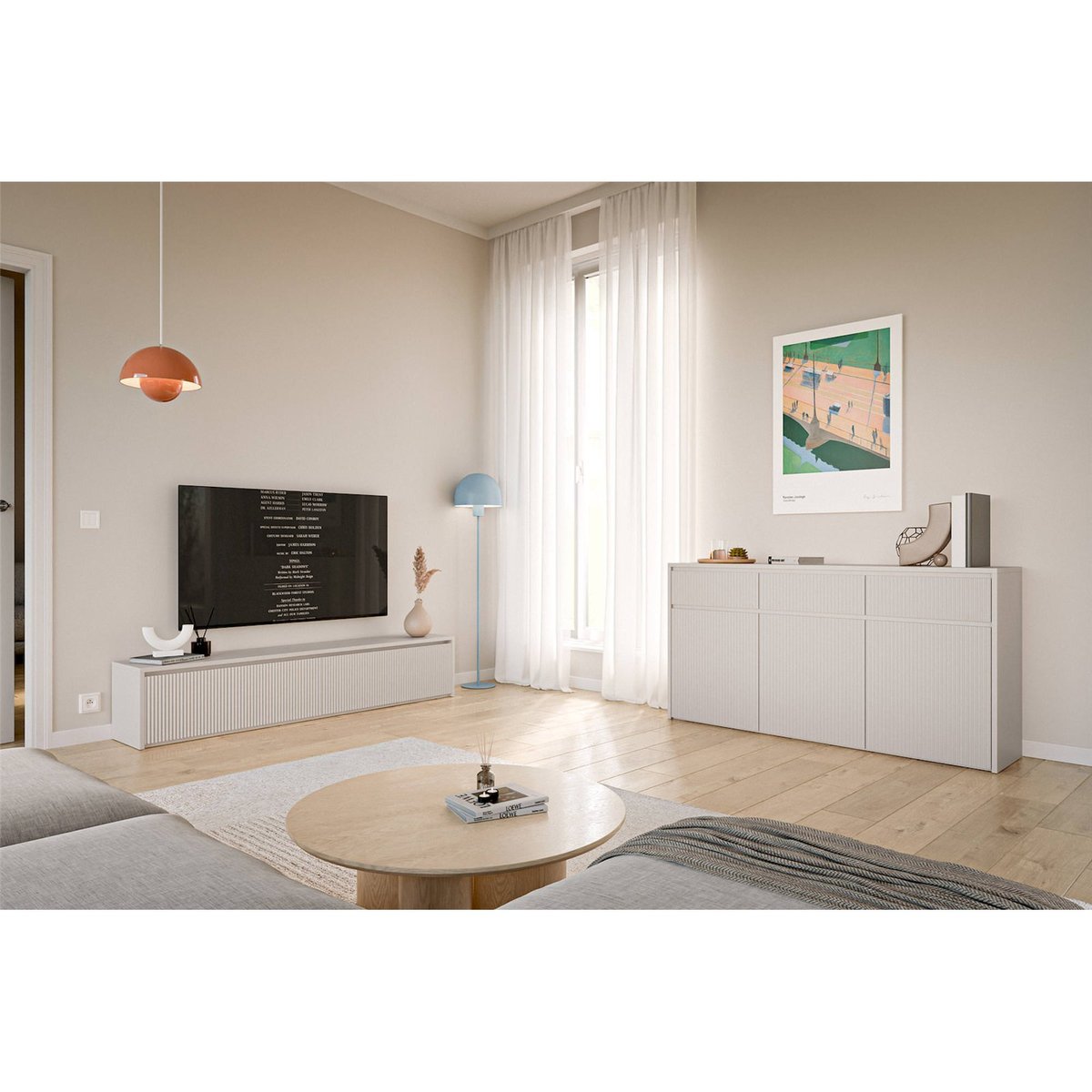 Meuble tv rainuré collection VEMMI cachemire, RECOLLECTION