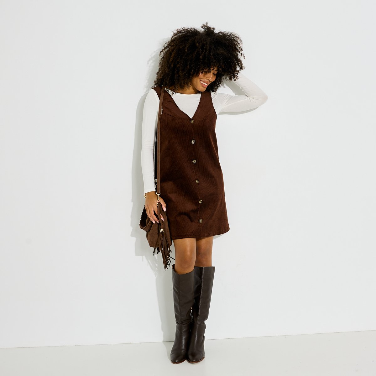 Robe chasuble velours côtelé col V marron, GRAIN DE MALICE