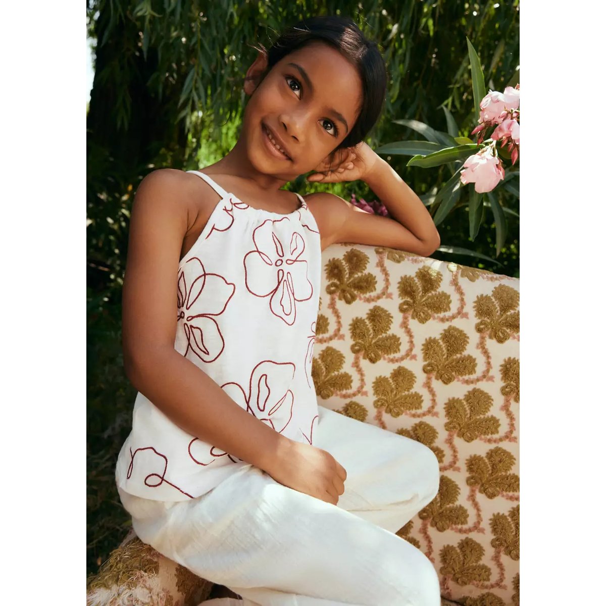 T-shirt coton broderie à fleurs blanc cassé, MANGO BABY