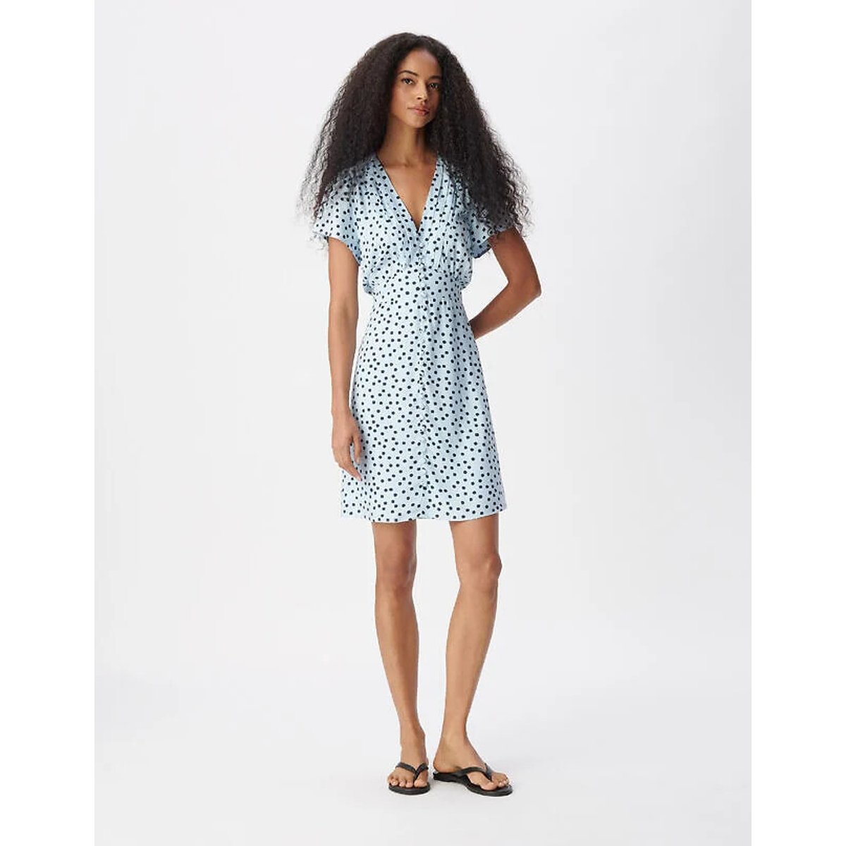 Polka Dot Full Short Sleeve V-Neck Mini Dress chambray blue , IKKS