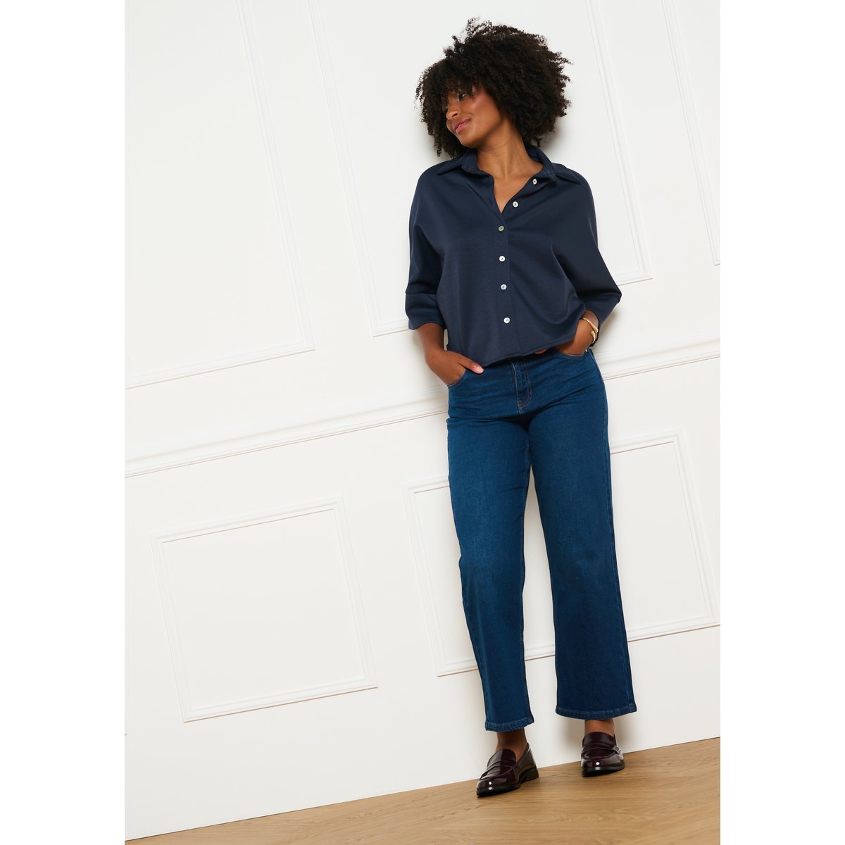 T-shirt col polo boutonné bleu marine, LOLALIZA