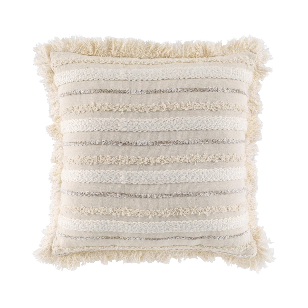 Coussin déhoussable en coton tissé avec franges et rayures en relief naturel, DOUCEUR D'INTÉRIEUR