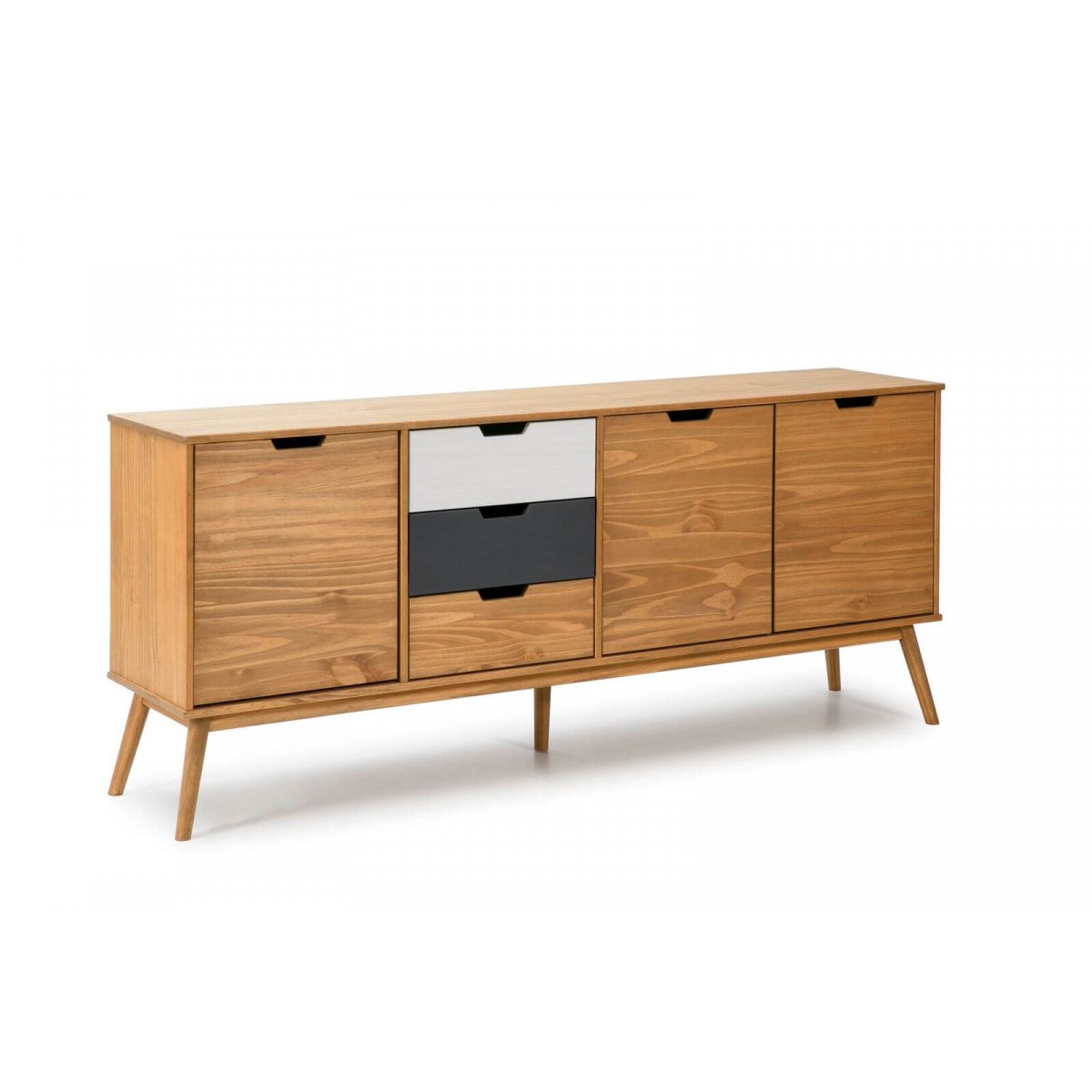 Buffet bas en bois massif 3 portes 3 tiroirs 171 cm, ALMA marron clair, BOBOCHIC