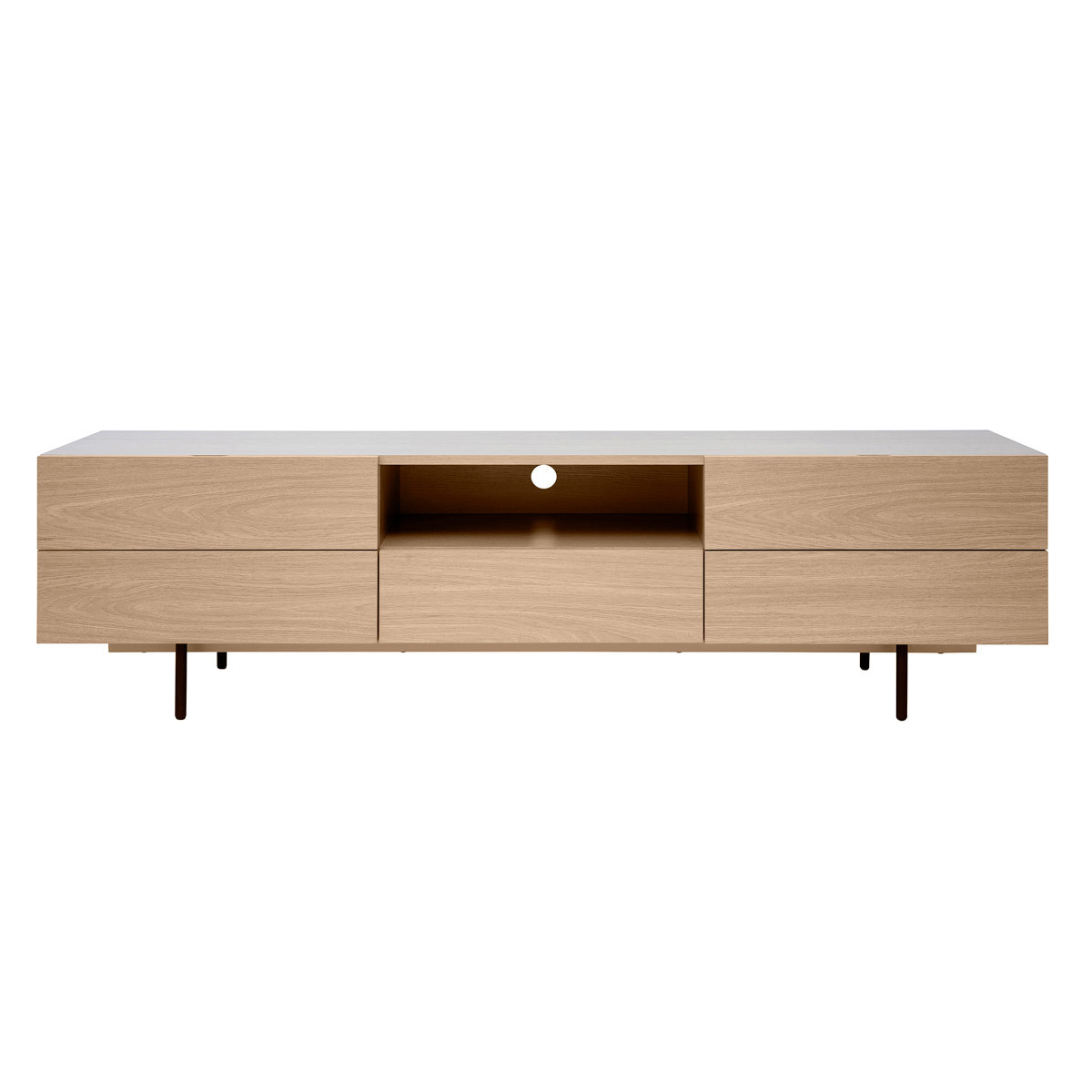 Meuble TV design avec rangements finition bois clair chêne et métal noir L180 cm ALASKA chêne clair, MILIBOO