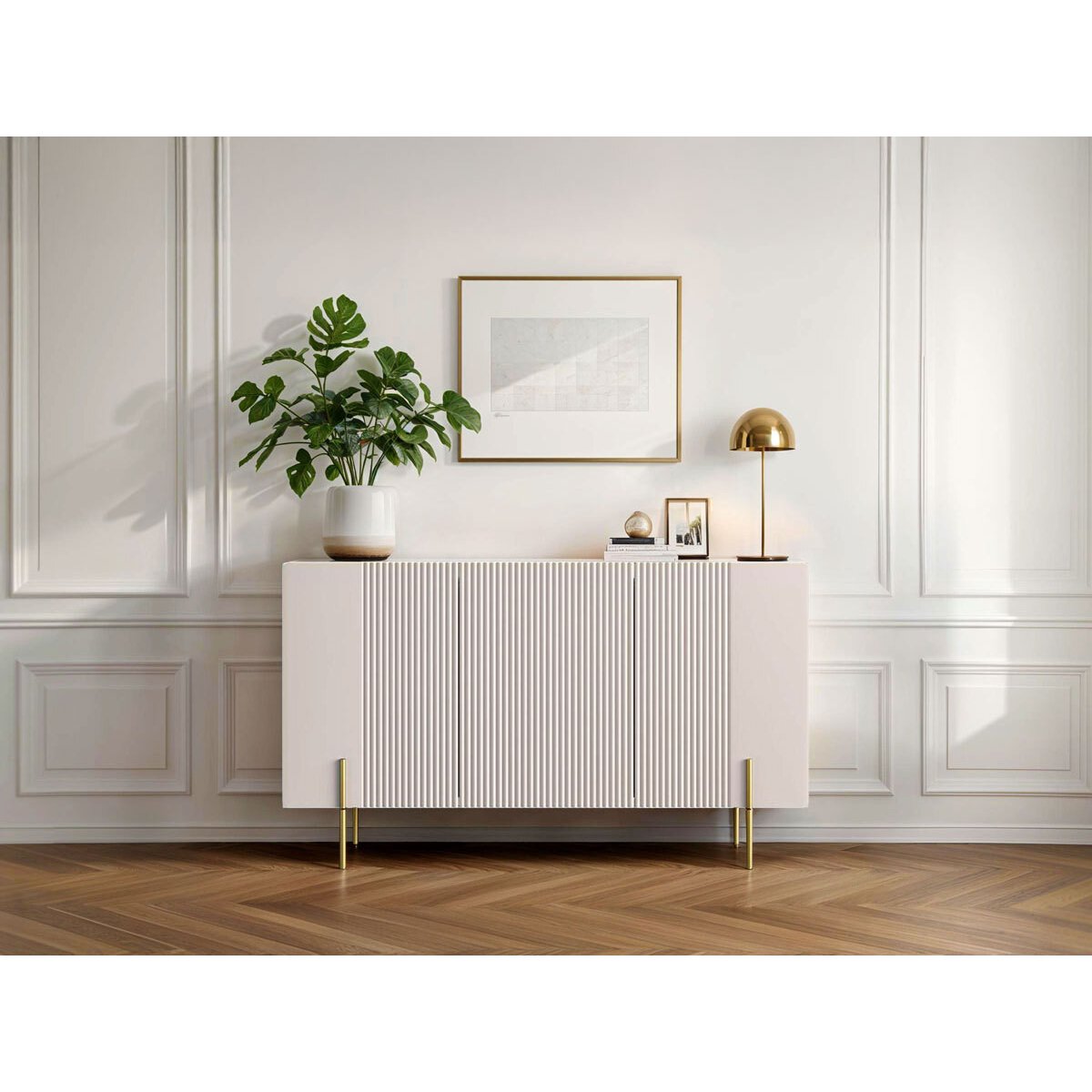 Buffet bas en panneaux de particules et MDF 4 portes 150 cm, MATHILDE beige, BOBOCHIC