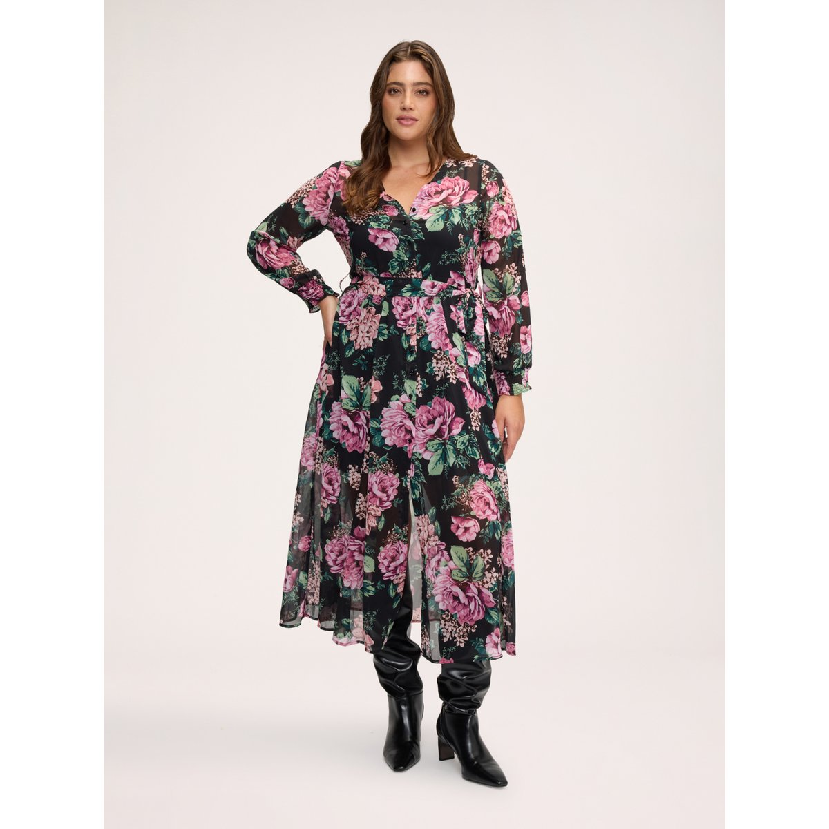 Robe longue à imprimé fleuri noir, FIORELLA RUBINO