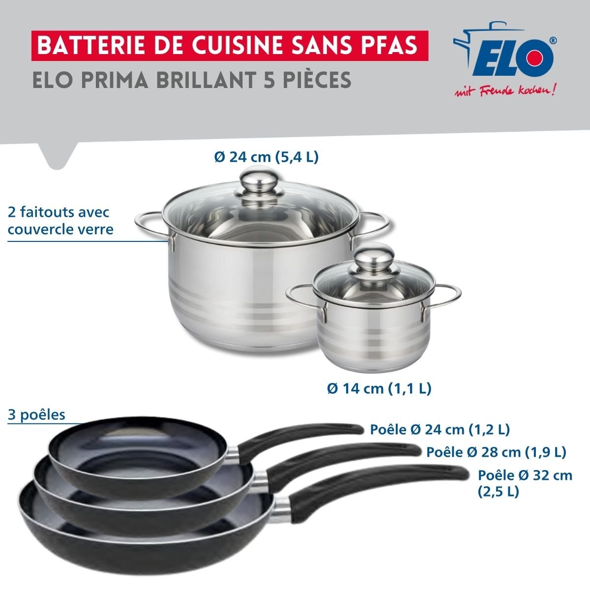 Batterie 3 poêles 24/28/32cm + 2 faitouts 14/24cm PRIMA BRILLANT noir, ELO