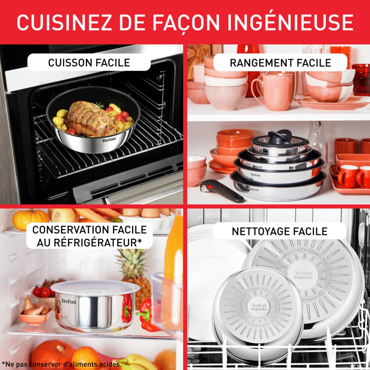 Batterie de cuisine Ingenio Emotion 4pcs couleur unique, TEFAL