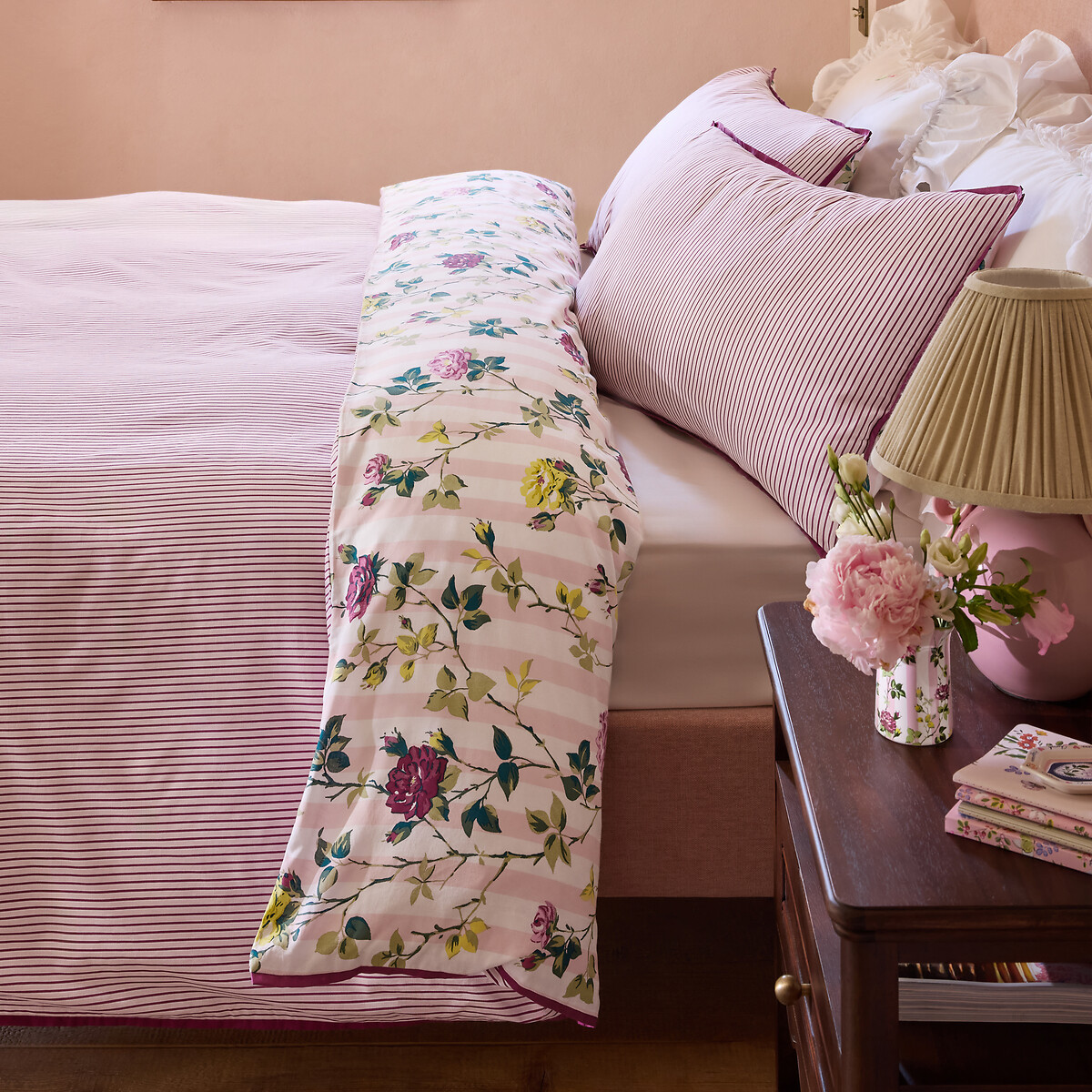 Climbing Rose Stripe Reversible Cotton Duvet Cover and Pillowcase Set pink, CATH KIDSTON