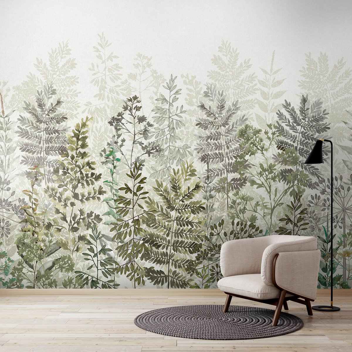 Papier peint panoramique Feuilles de fougère et buissons vert, blanc cassé, SUPERFRESCO EASY