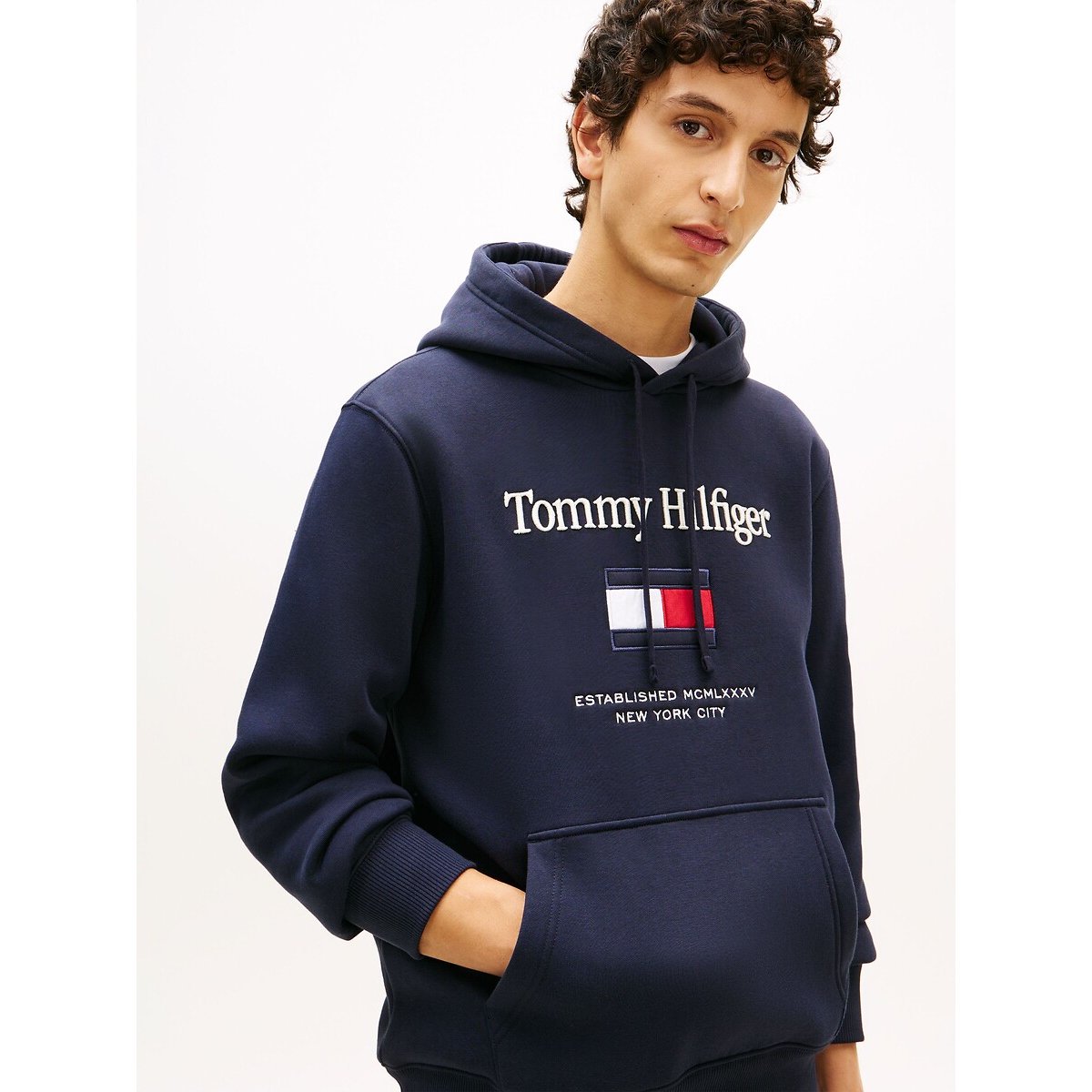 Flag Logo Hoodie navy blue, TOMMY HILFIGER