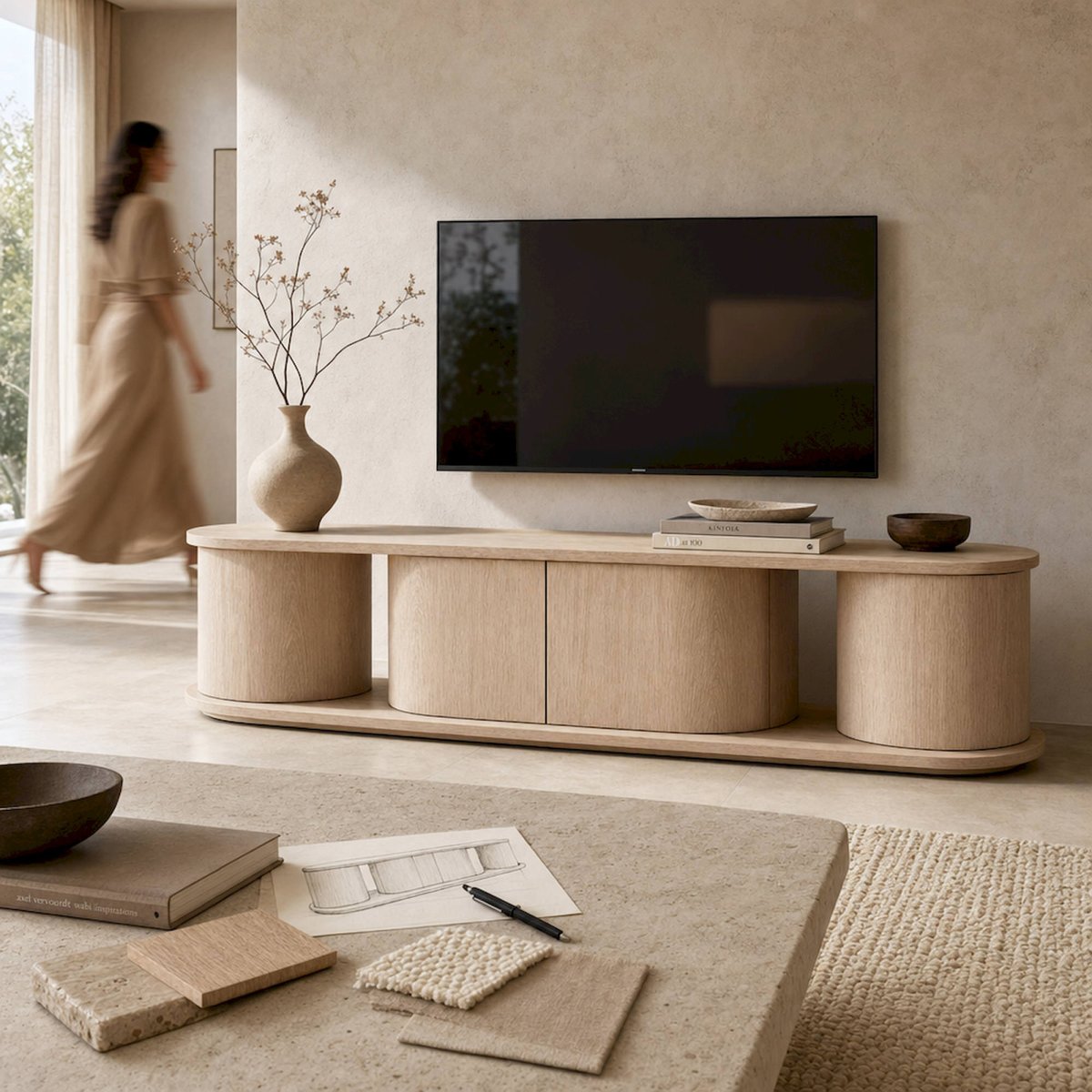 Meuble tv art déco en chêne S.KHARJ beige chêne clair, RECOLLECTION