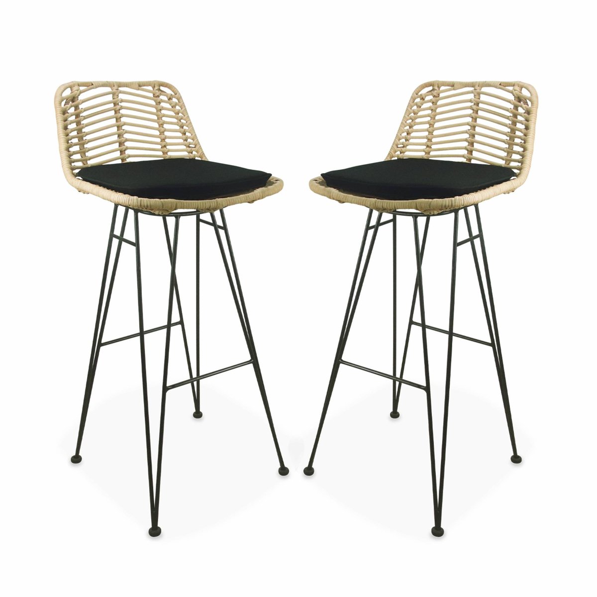 Tabouret de bar métal et rotin 75cm (lot de 2) CAHYA noir, SWEEEK