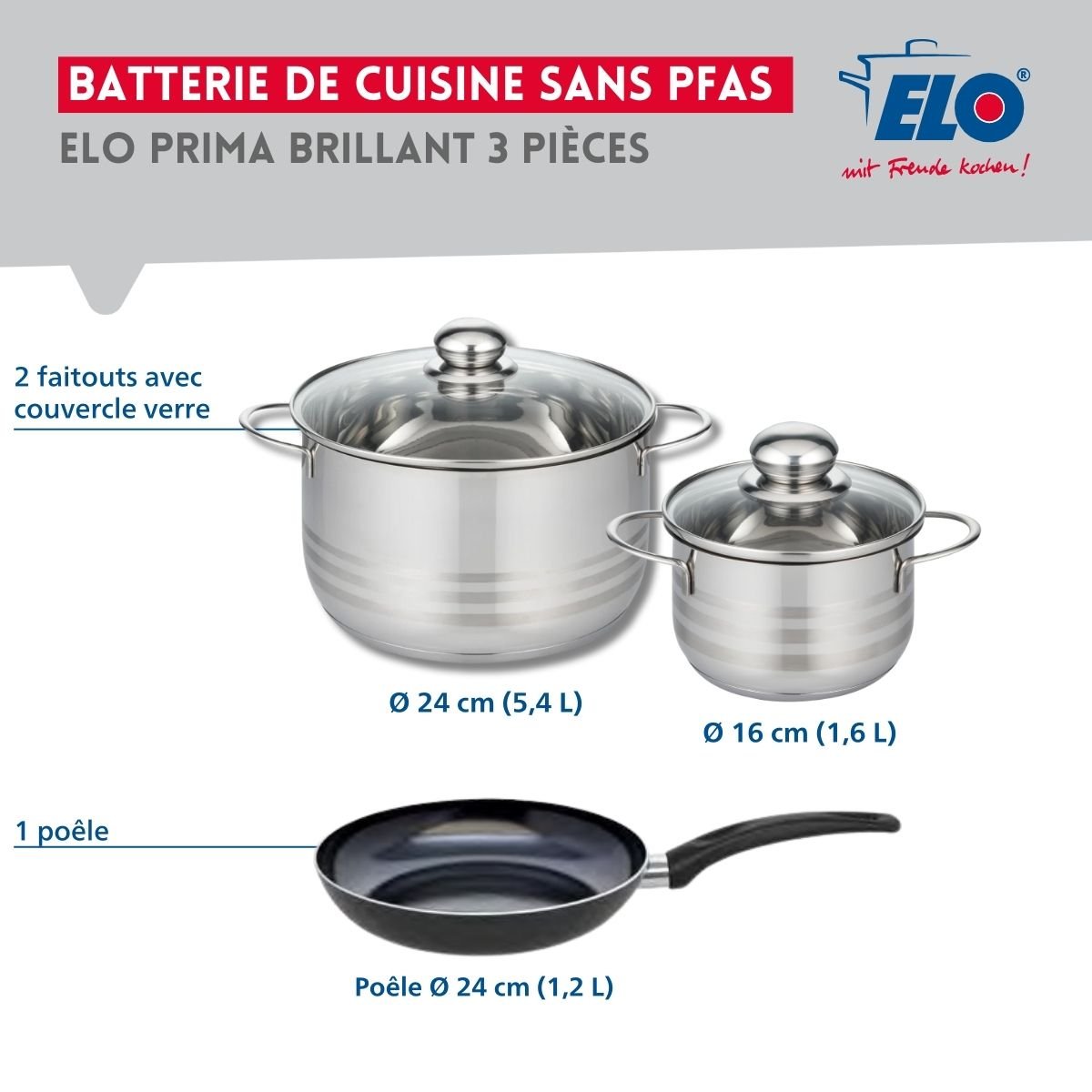 Batterie 1 poêle 24cm + 2 faitouts 16/24cm PRIMA BRILLANT noir, ELO