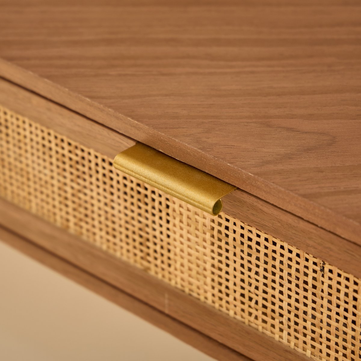 Bureau d'angle, bois de noyer et rotin, 1 tiroir, SETO bois naturel, NORDLYS