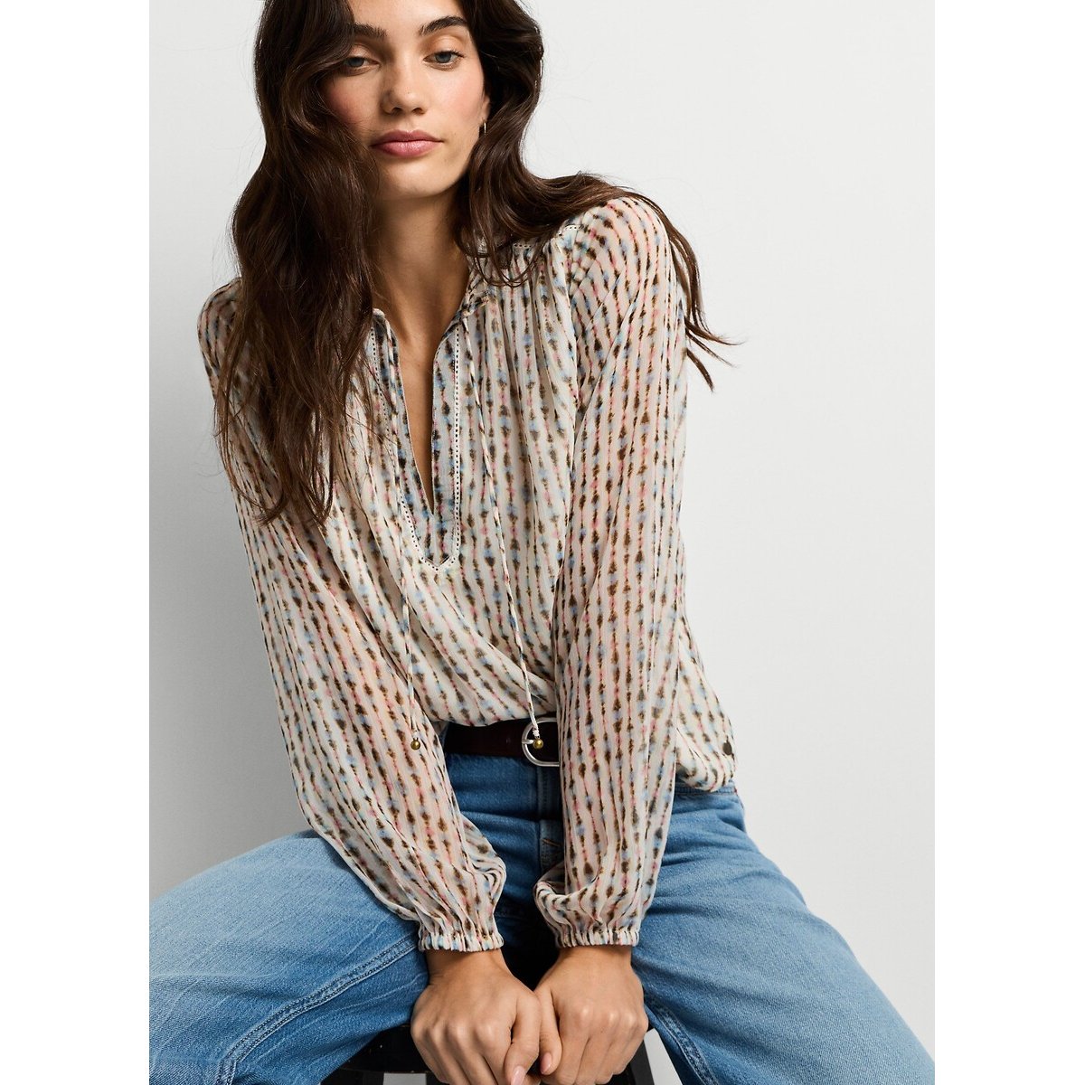 Blouse imprimée à col montant à nouer imprimé écru, PEPE JEANS