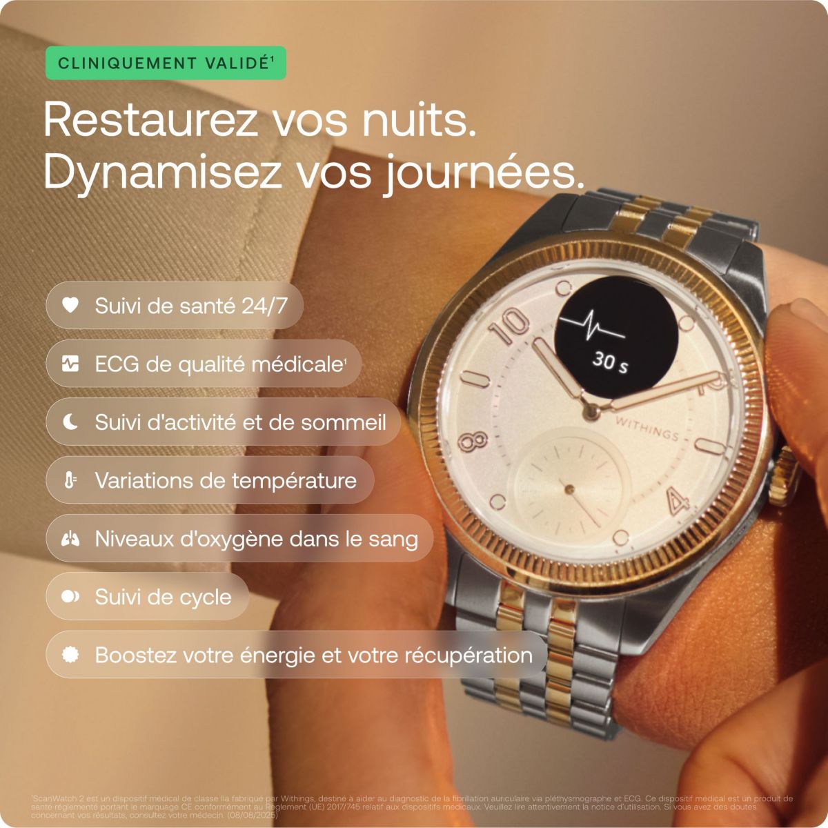 Montre santé Scanwatch Nova Brilliant 39mm Gold couleur unique, WITHINGS