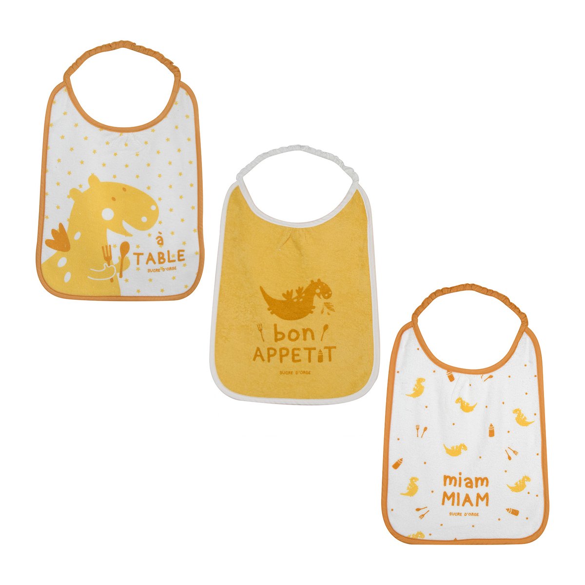 Lot de 3 bavoirs elastique lulu eponge jaune, SUCRE D'ORGE