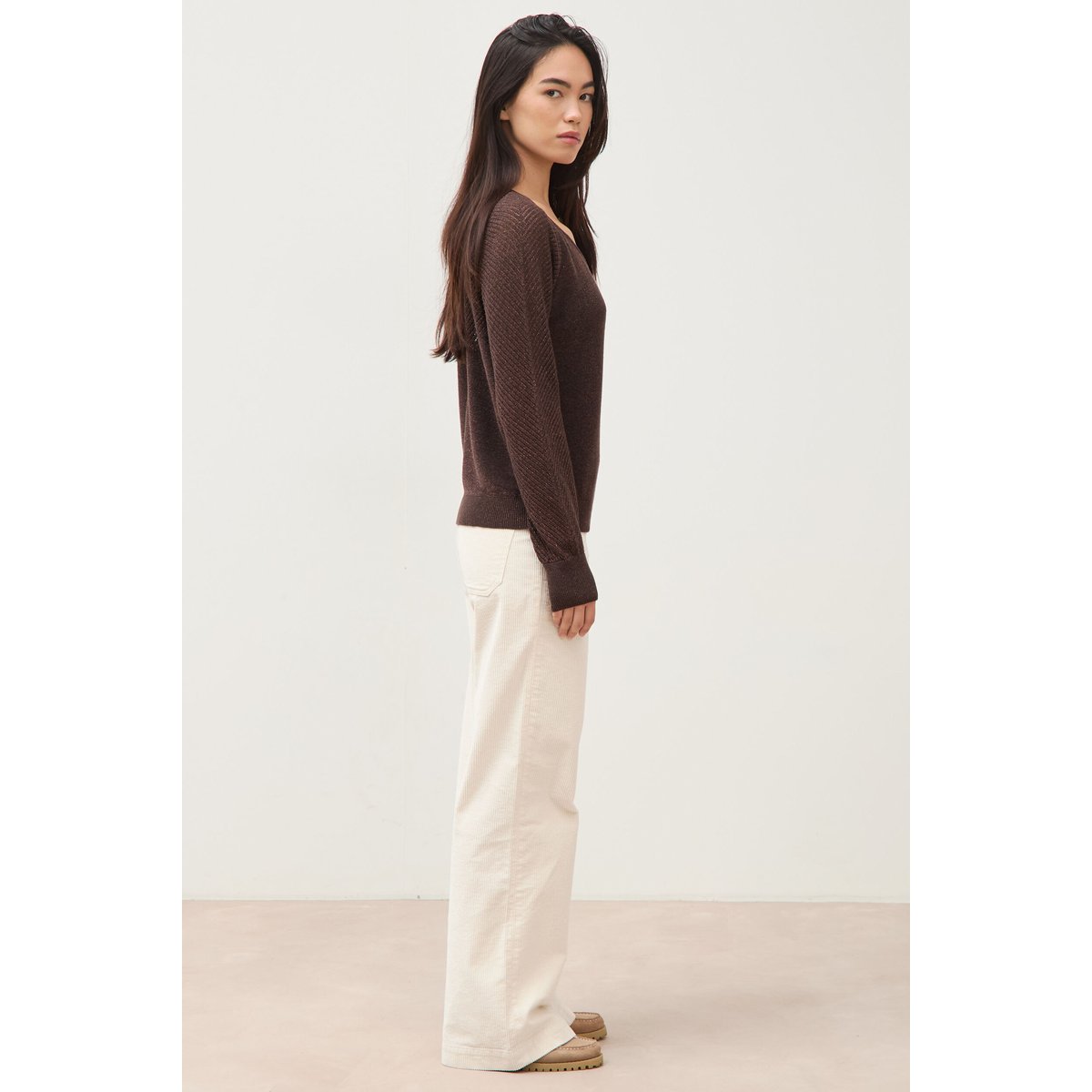 Pull droit col v manches longues marron, BONOBO