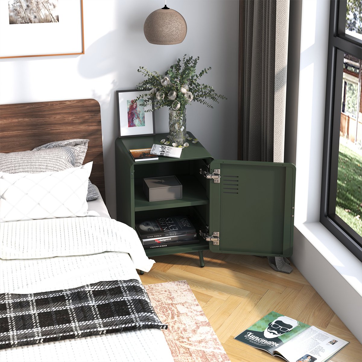 Table de chevet en métal, WALNUTNIGHT vert foncé, MEUBLES COSY