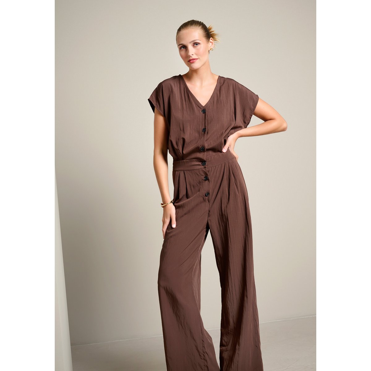 Combinaison fluide boutonnée brun fonce chocolate, LOLALIZA