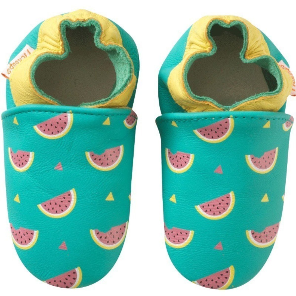 Chaussons bébé cuir souple Carla les pastèques vert, TICHOUPS