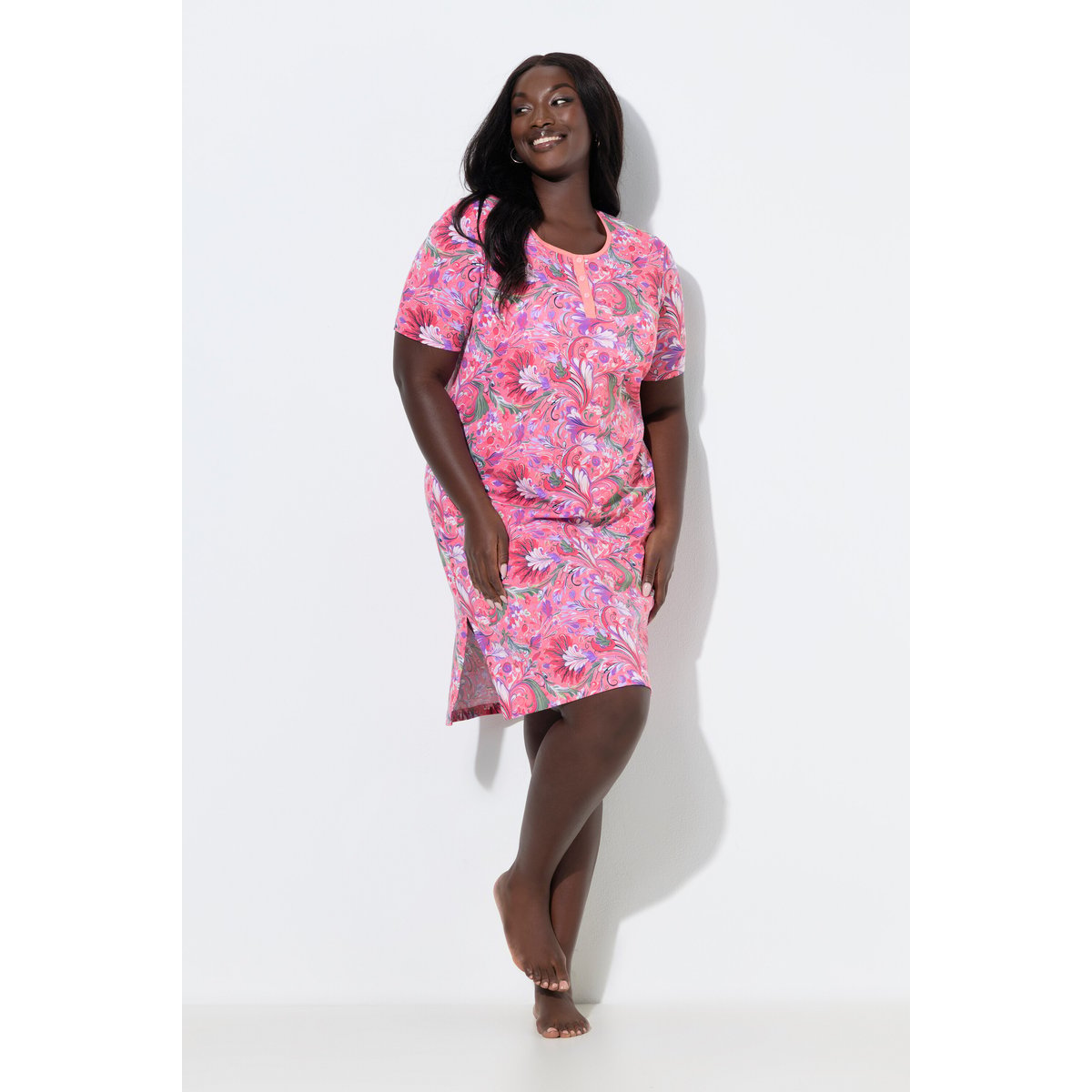 Lot de 2 chemises de nuit, motif fleurs/uni rose pêche, ULLA POPKEN