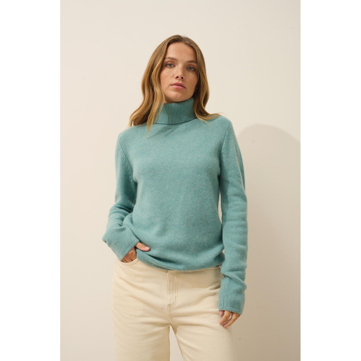 Pull Col Roulé 4 Fils Vert Chiné June vert, JUST CASHMERE