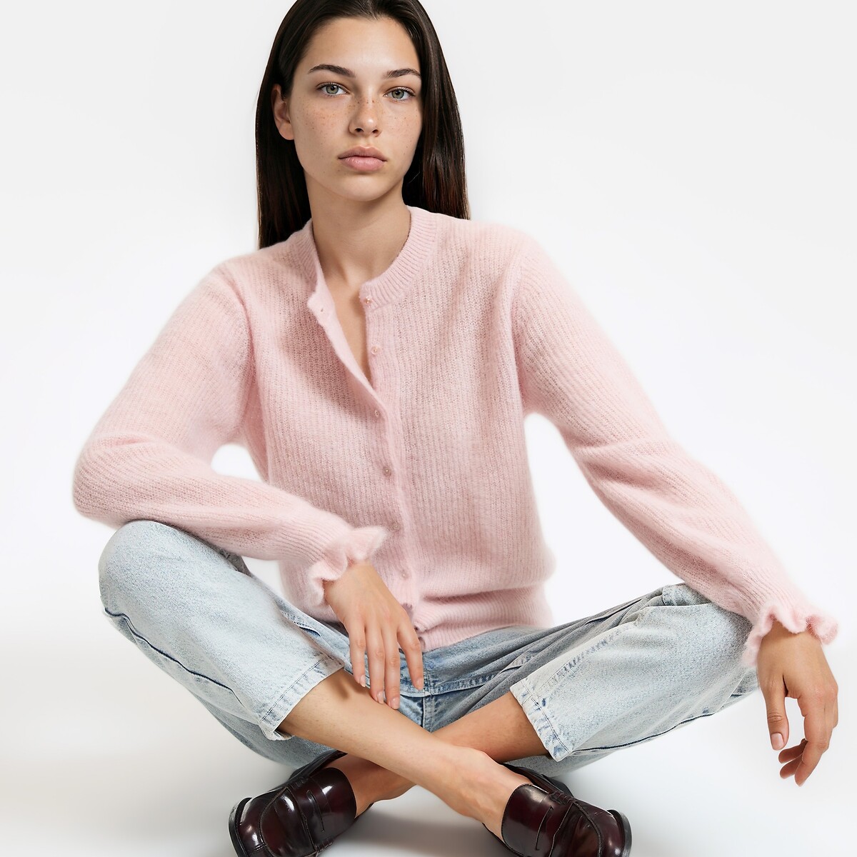 Cárdigan con botones, mezcla de alpaca y lana rosa claro, LA REDOUTE COLLECTIONS