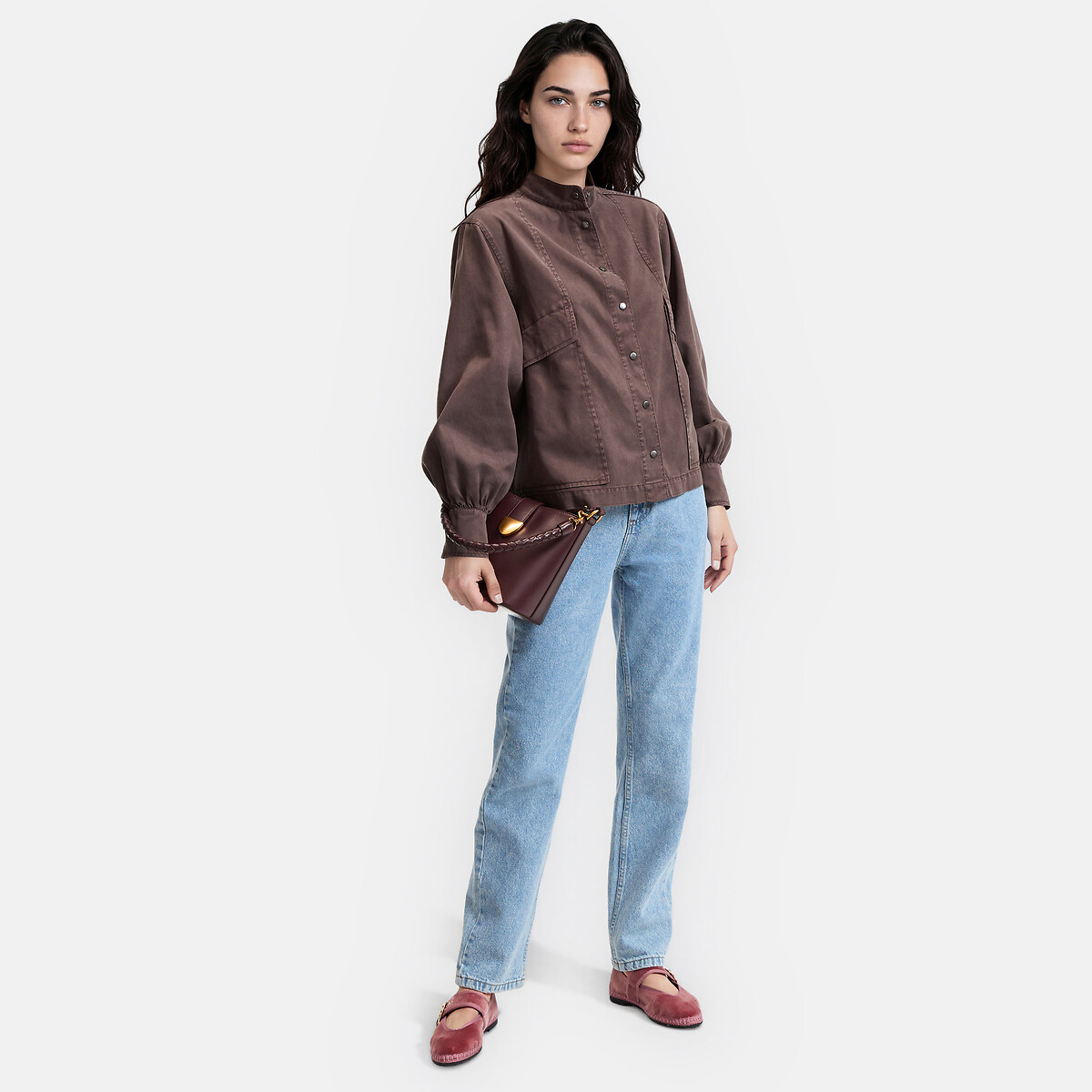 Chemise col montant manches bouffantes en lyocell et coton marron, LA REDOUTE COLLECTIONS