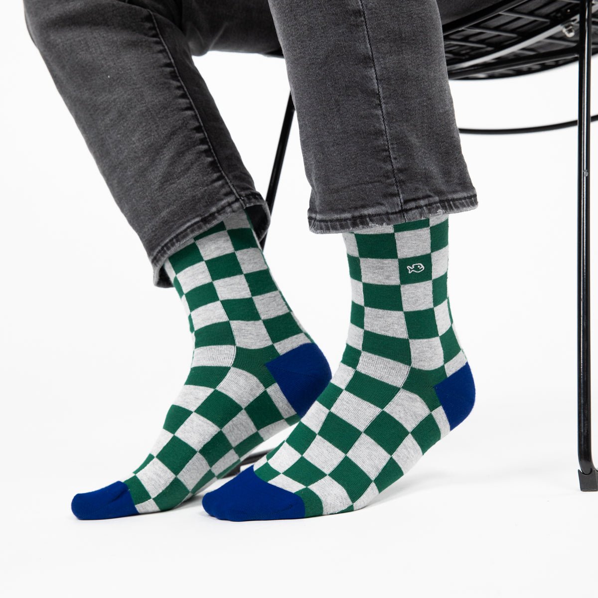 Chaussettes en coton peigné CARREAUX vert et gris, BILLYBELT