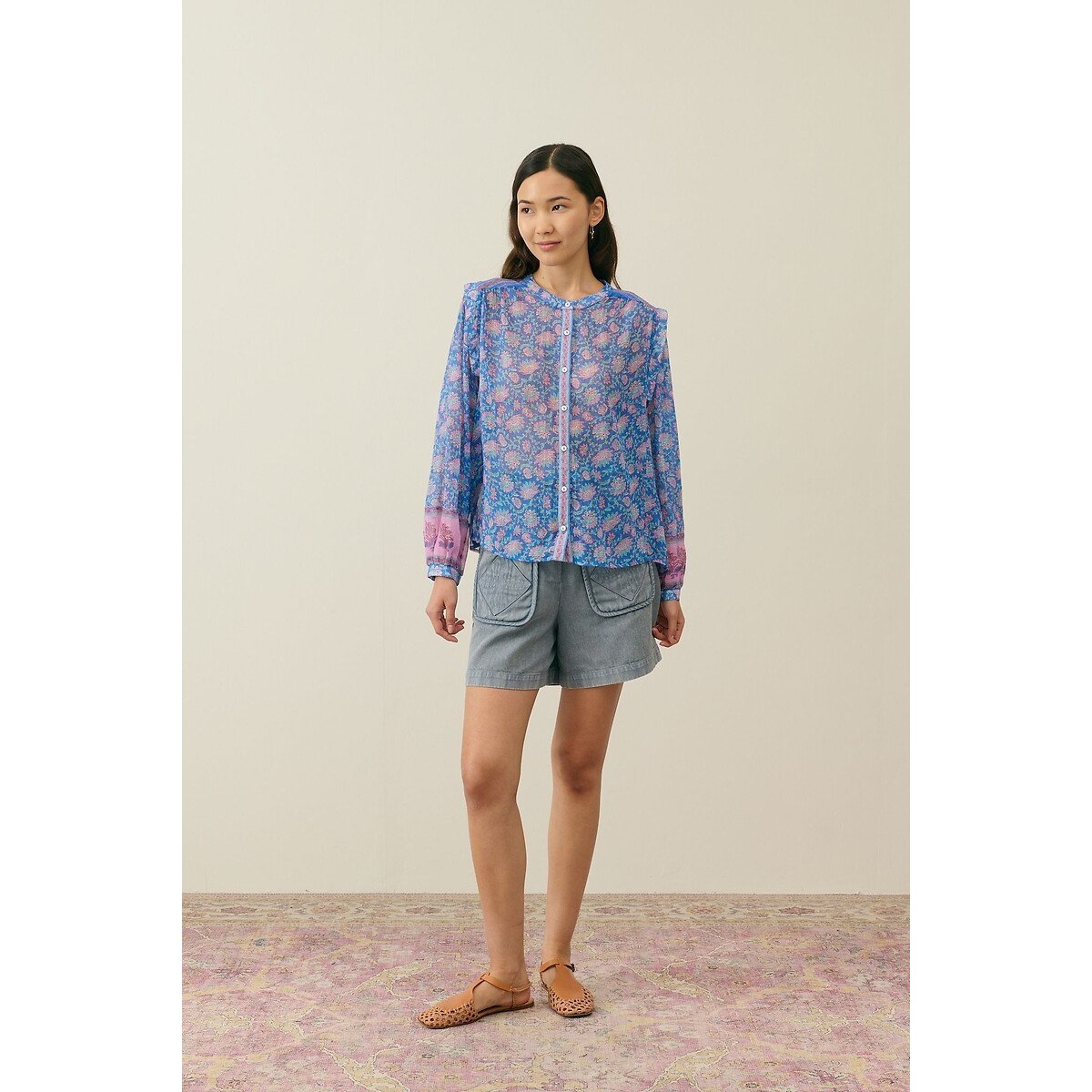Jane Printed Blouse with Crew Neck and Long Sleeves blue print, LOUISE MISHA
