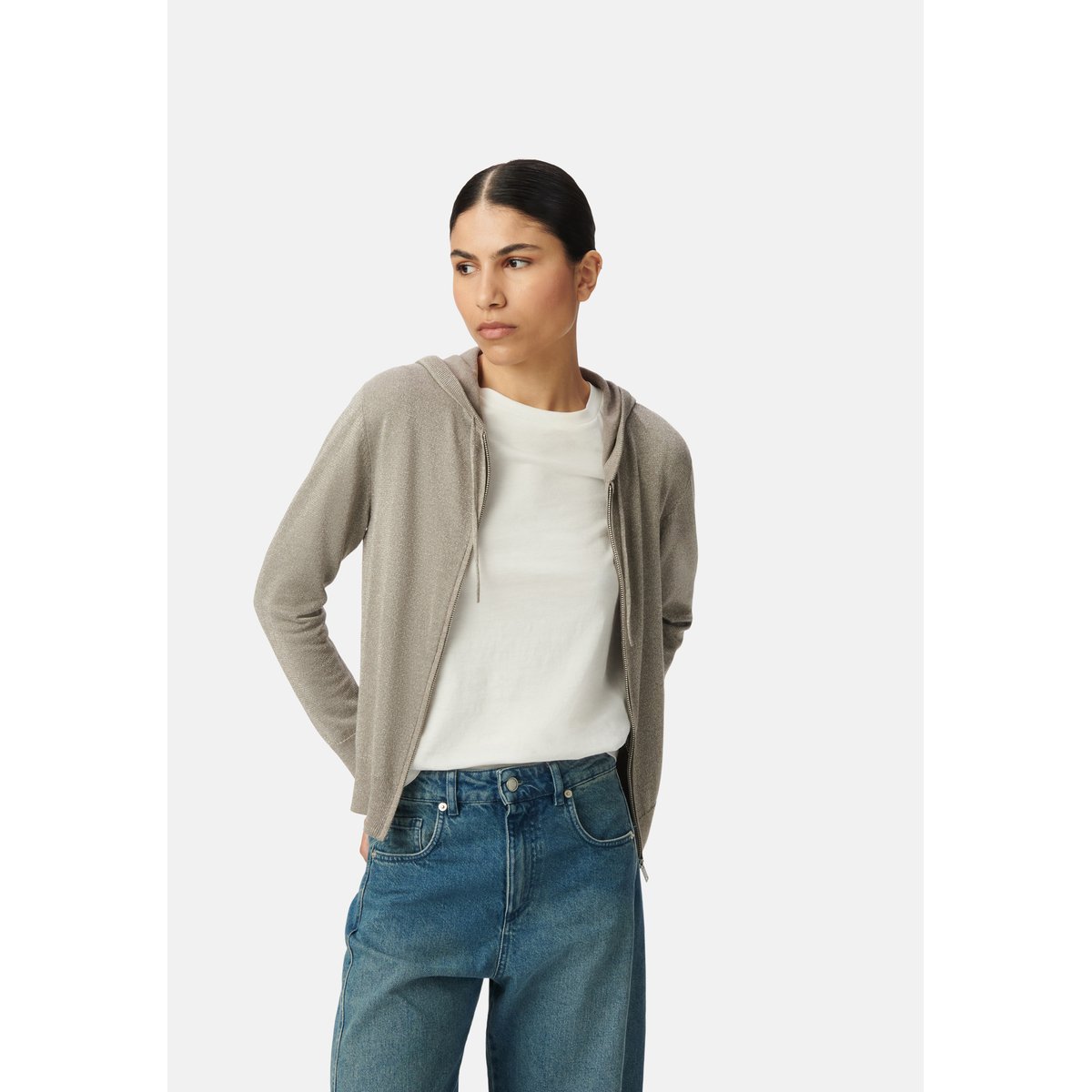 Cardigan tricot pailleté chevrons dos beige foncé, IKKS