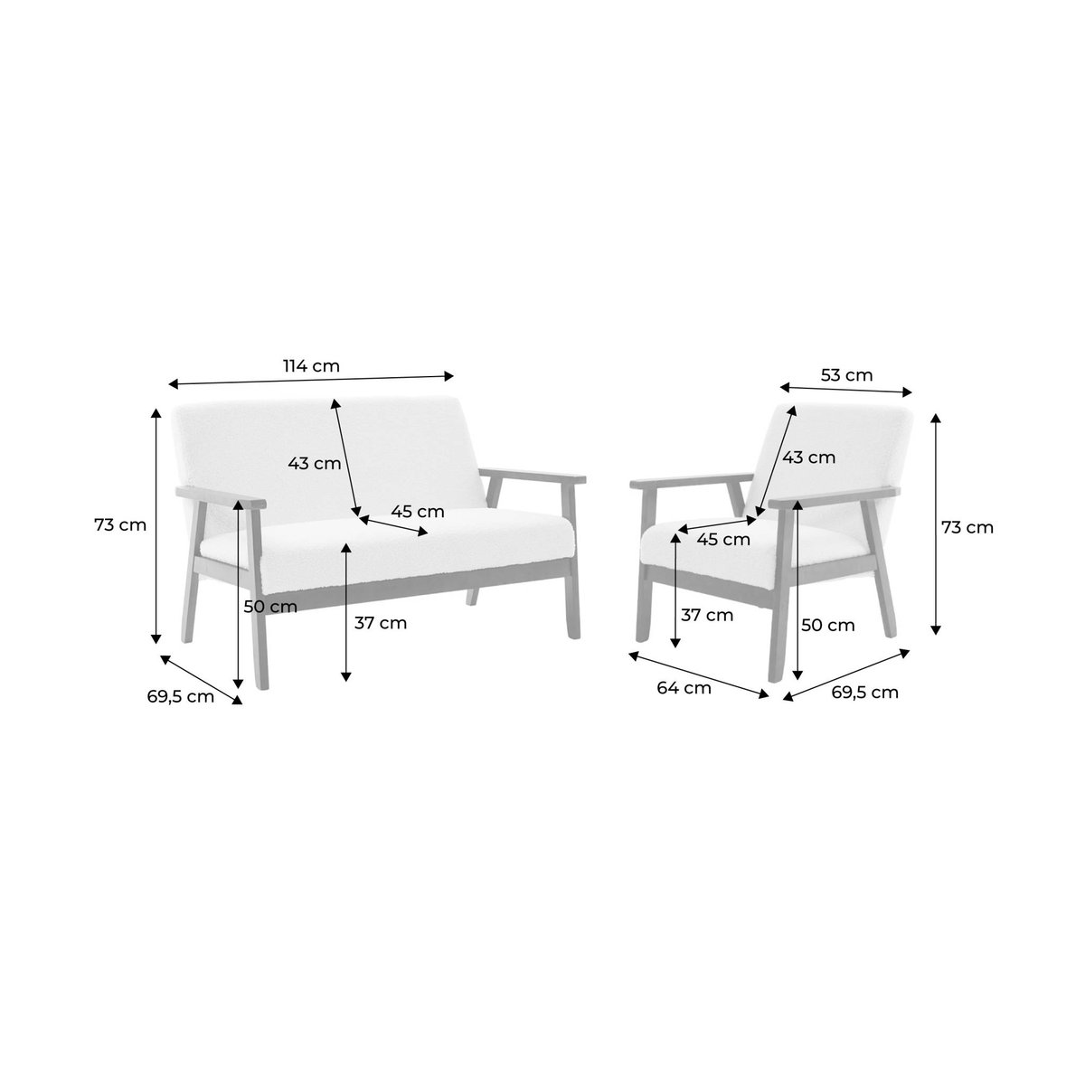 Banquette 2 places + fauteuil 1 place bois d'hévéa teinté noyer clair et bouclette ISAK crème, SWEEEK