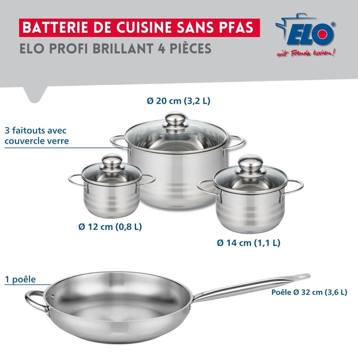 Batterie 1 poêle 32cm + 3 faitouts 12/14/20cm PROFI BRILLANT gris, ELO