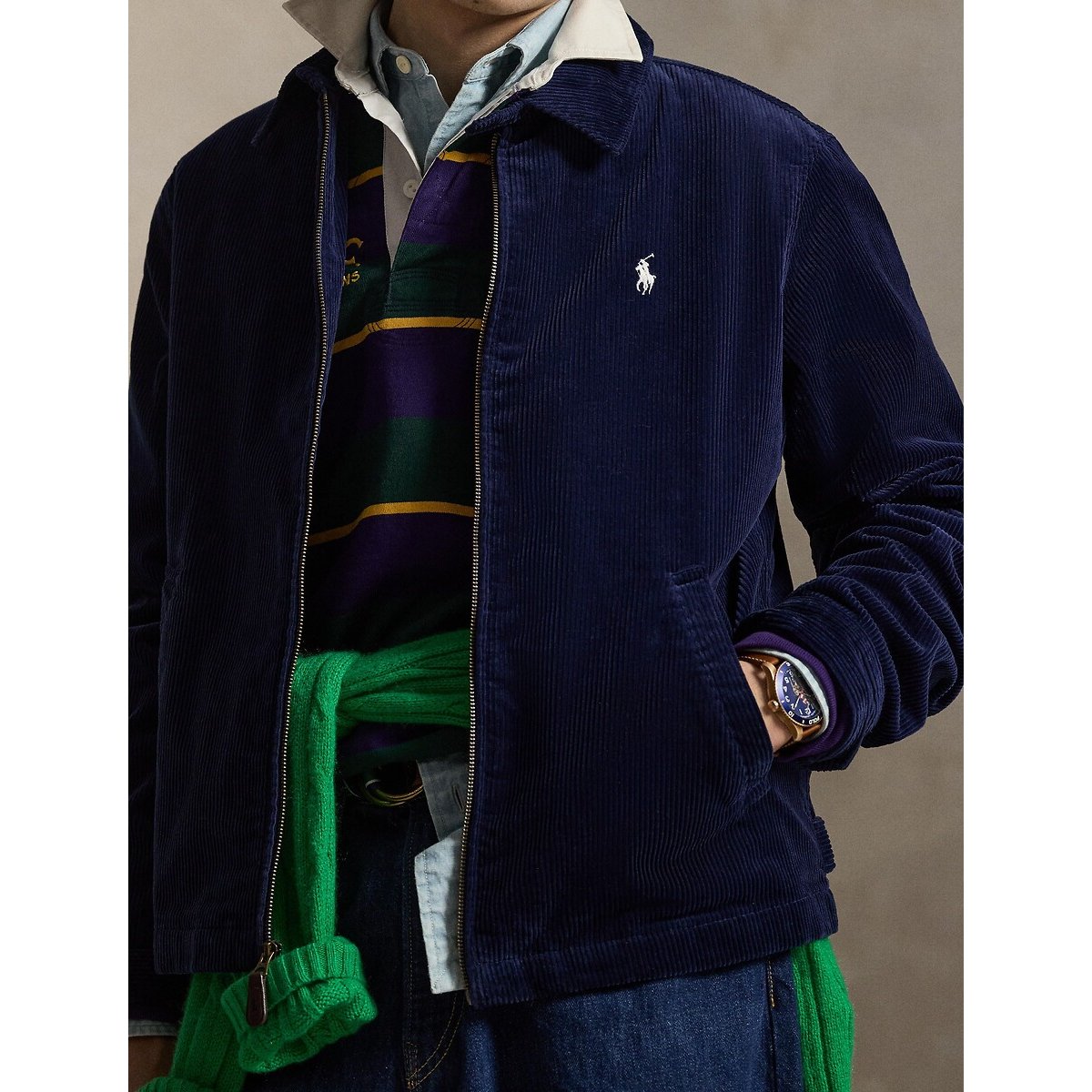 Blouson velours à col polo bleu marine, POLO RALPH LAUREN