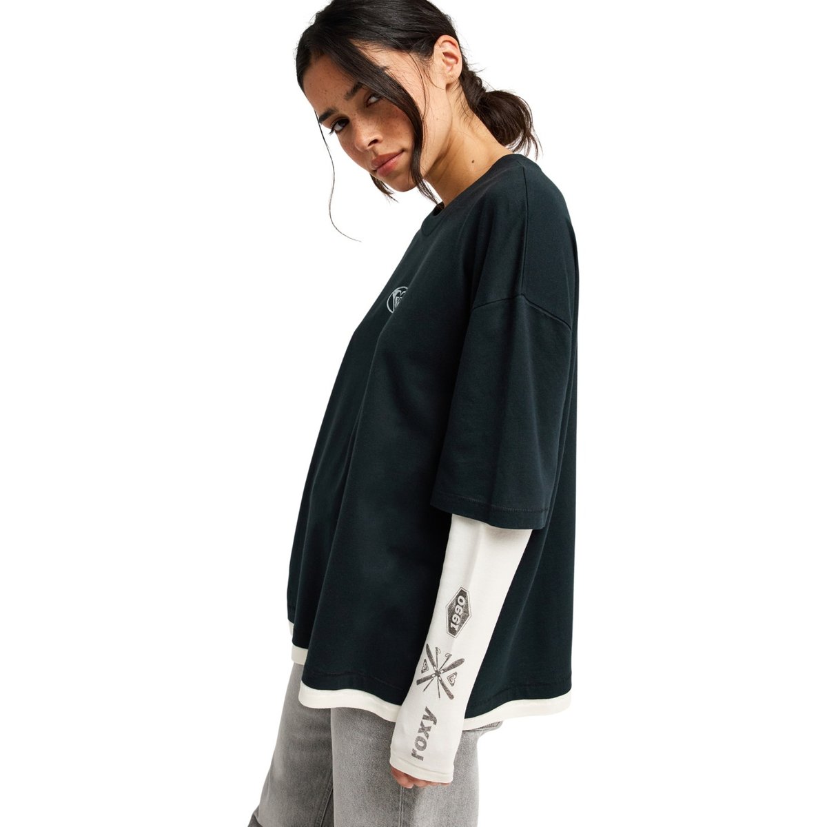 T-shirt oversize à manches longues doubles DOUBLE VIEW. noir anthracite, ROXY