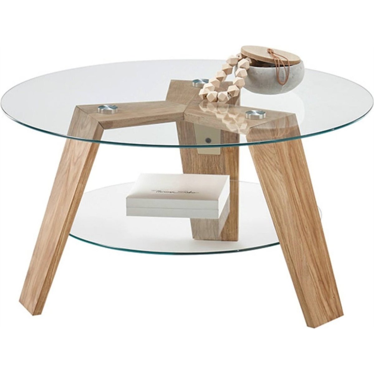 Table basse ronde en verre et chêne HIREELL chêne et verre transparent, RECOLLECTION