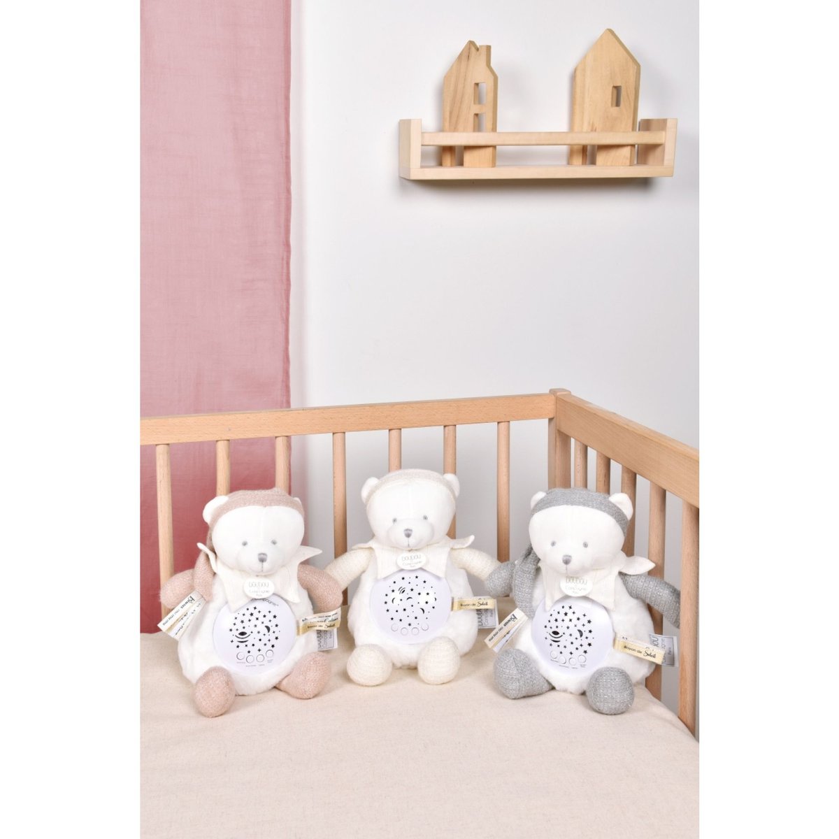 Veilleuse peluche musicale ours rose, DOUDOU ET COMPAGNIE