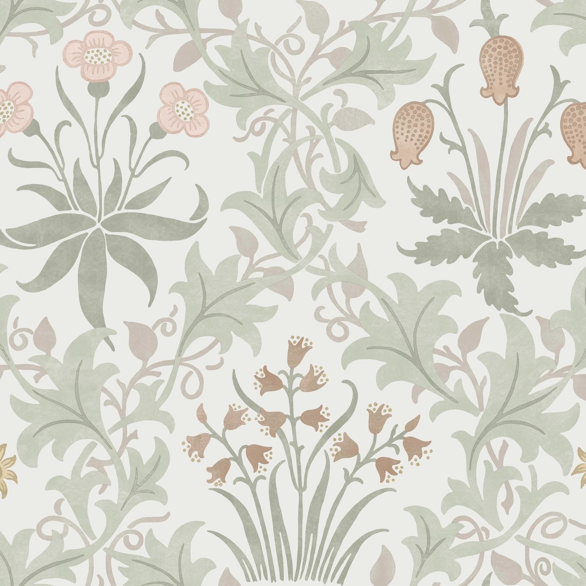 Papier peint fleuri Celandine Spring Peony & Sage beige, vert, rose, WILLIAM MORRIS AT HOME